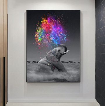 TPFLiving Kunstdruck (OHNE RAHMEN) Poster - Leinwand - Wandbild, Grauer Elefant mit bunten Regenbogen Farben (Verschiedene Größen), Farben: Leinwand bunt - Größe: 20x30cm