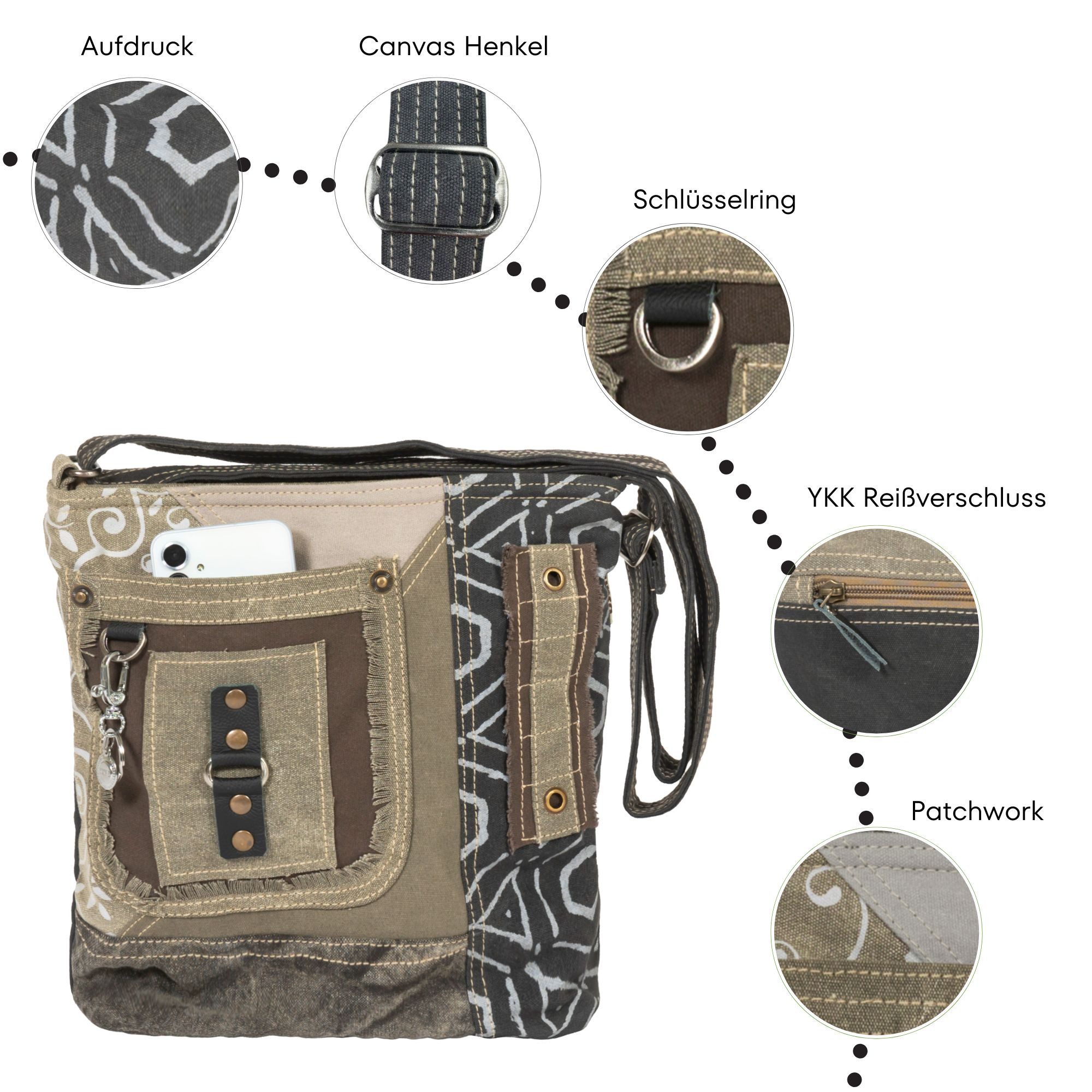 Sunsa Umhängetasche Sunsa Damen Umhängetasche. Canvas Crossover Tasche in grau Khaki, Vintage Patchwork Look