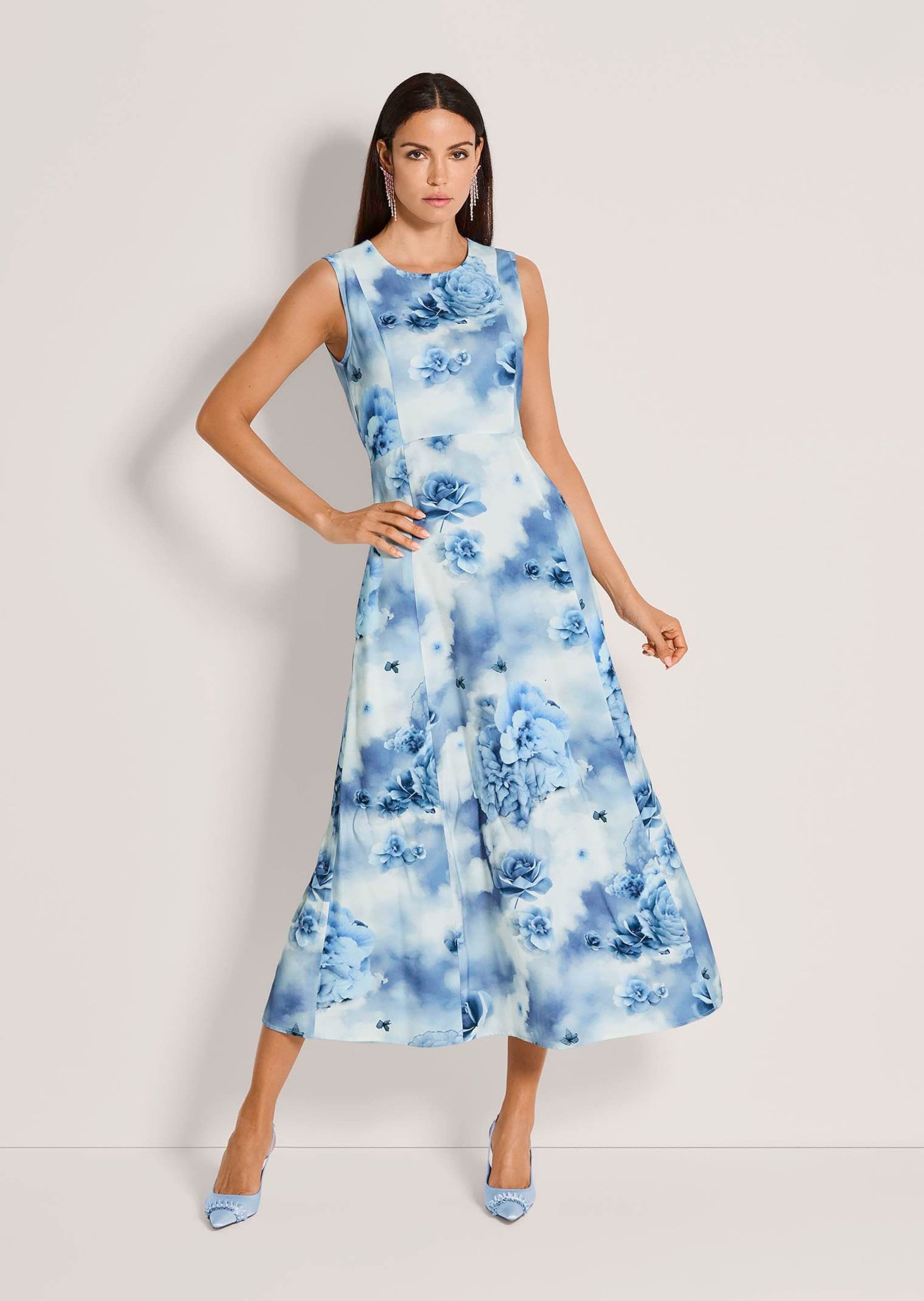 MADELEINE Maxikleid Druckkleid mit floralem Print Sommerkleid mit Rundhals, Teilungsnähten, Wadenlänge und ohne Arm