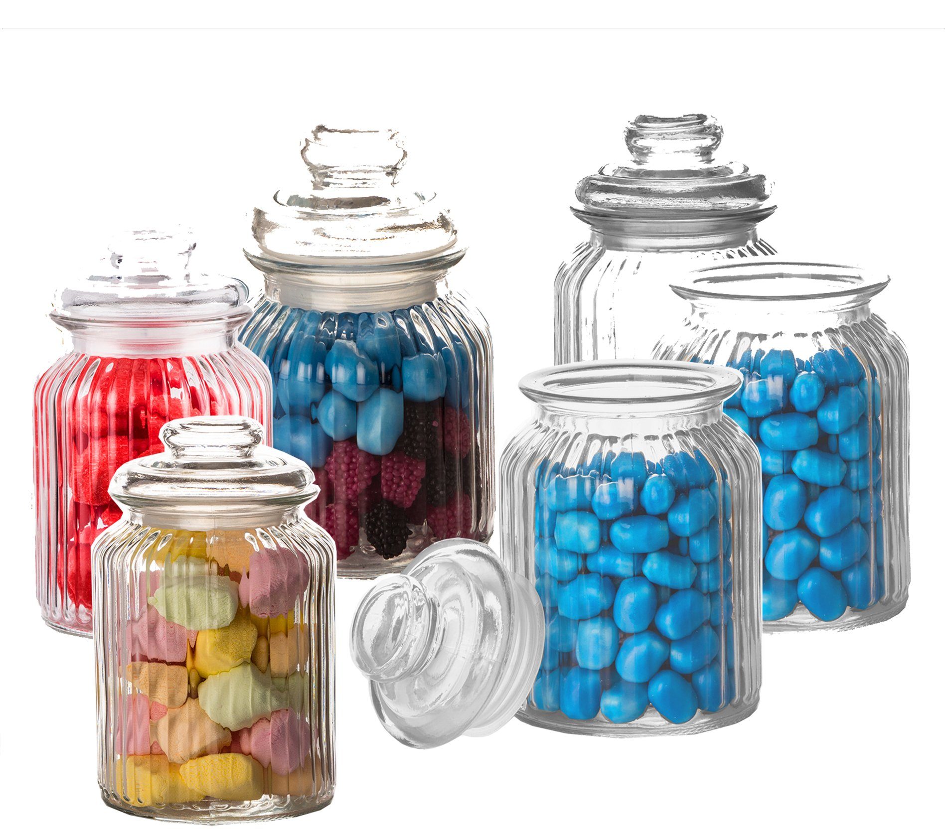 BigDean Einmachglas Vorratsgläser mit Deckel Bonbonglas Süßigkeiten Kräuter, Glas, (Set, 6-tlg., Bonbonniere/n), Gummidichtung, Vintage Design, Spülmaschinenfest (Deckel Handspülen)