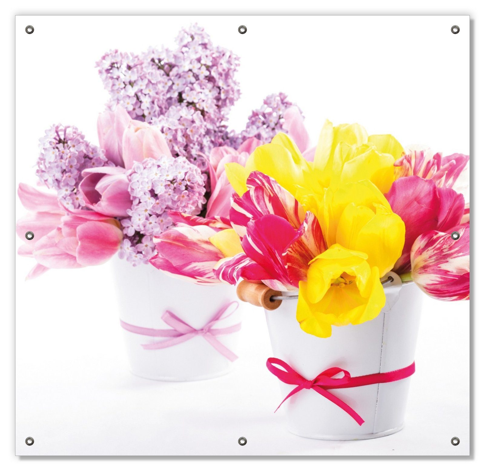 Wallario Sonnenschutz Zwei Blumen-Bouquets aus gelben und roten Tulpen und Flieder, blickdicht, mit Saugnäpfen, wiederablösbar und wiederverwendbar