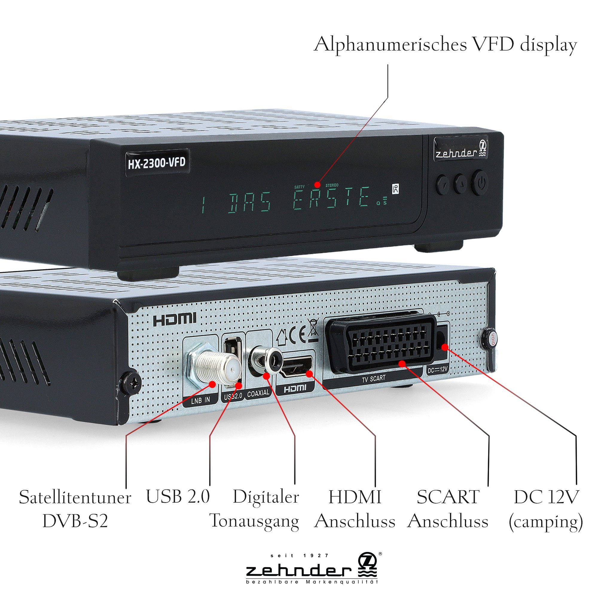 Zehnder HX-2300-Alphanumerisches Coaxial, Einkabel PVR, Display tauglich) SCART, USB, HDMI, (AAC-LC, SAT-Receiver 12V 