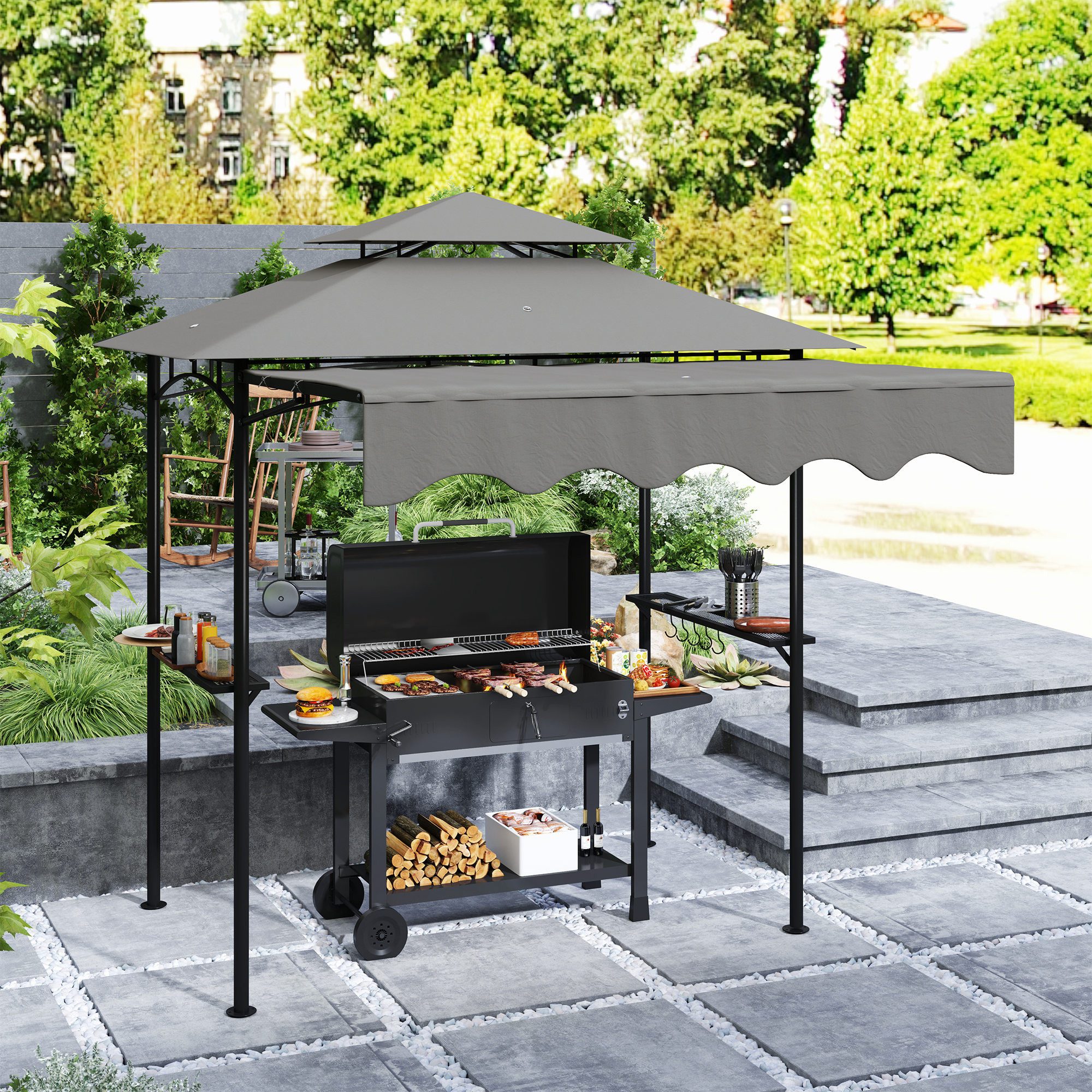 Outsunny Grillpavillon mit Doppelschichtdach, Seitenregalen, mit 0 Seitenteilen, (BBQ Pavillon, Gartenpavillon), für Garten Picknick BBQ Grau