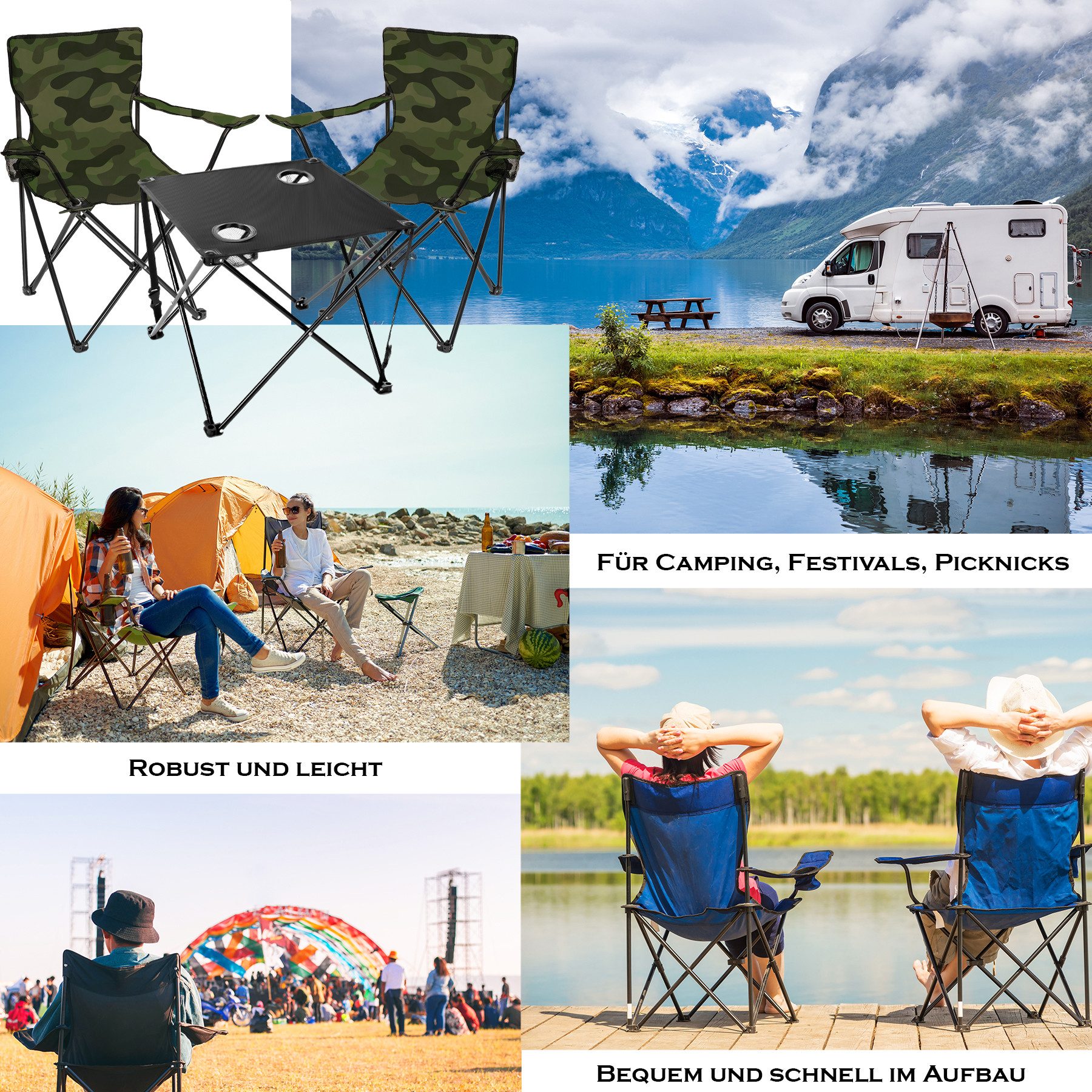 BigDean Campingtisch mit Stühlen camouflage - Camping Tisch Stuhl Set Camping Stühle (Set, 1-St., 2 Stühle mit Tisch), Angel, Festival, Outdoor, Pflegeleicht