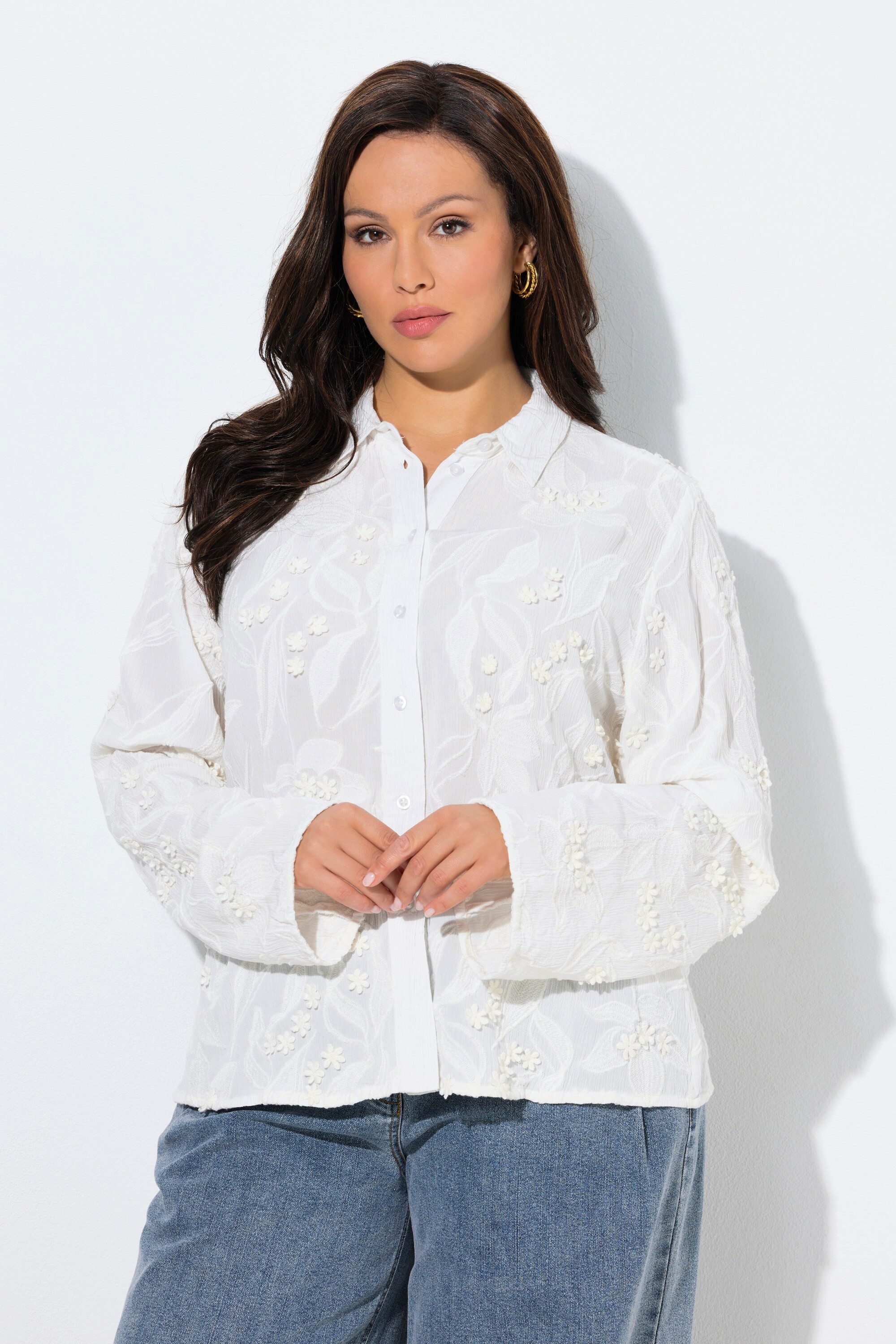 Hemdbluse Bluse Blütenstickerei A-Linie Hemdkragen Langarm