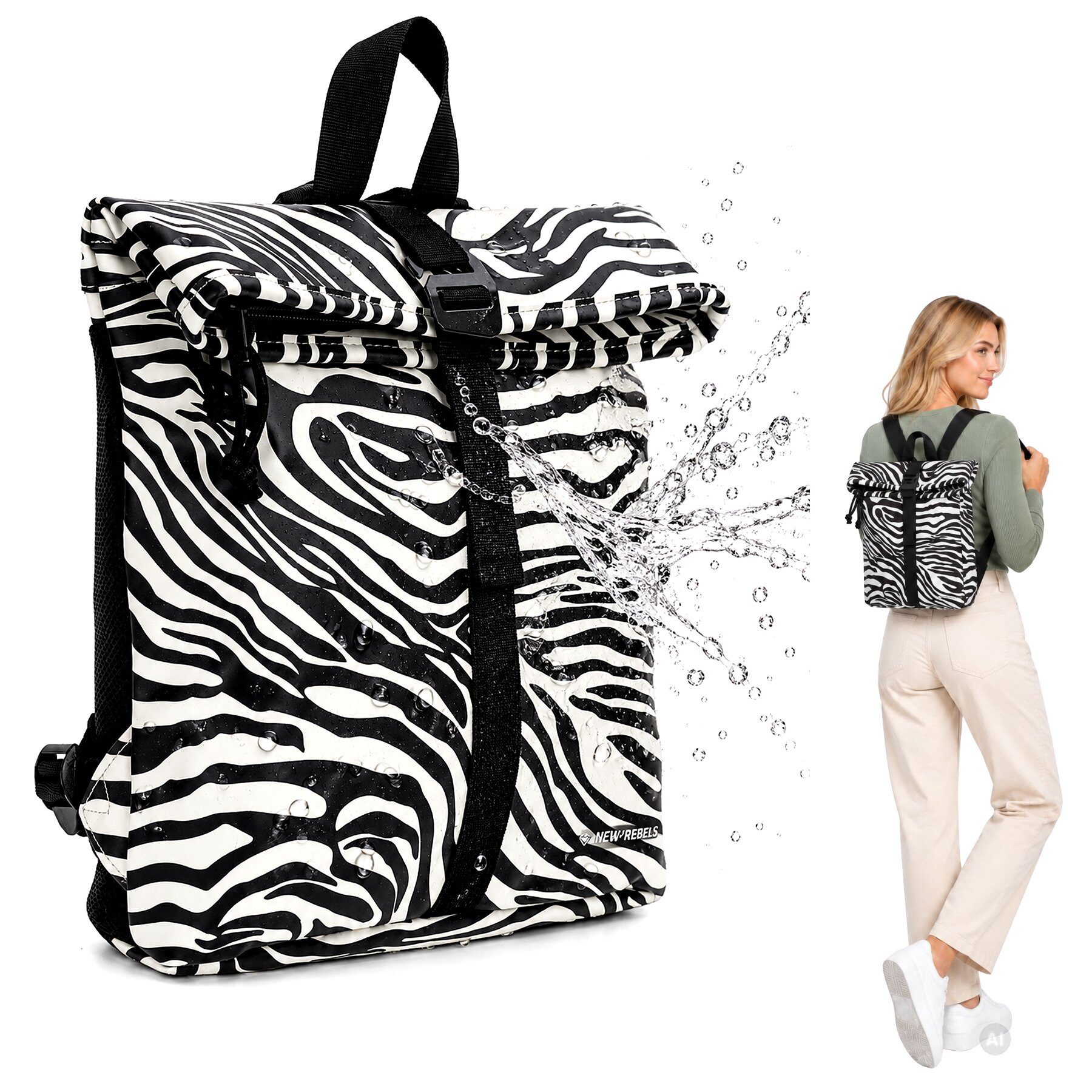 NEW REBELS Freizeitrucksack Damen klein Rucksack Handtasche Tasche, Reise Freizeit Bag wasserabweisend aus Plane + bagboom Etui