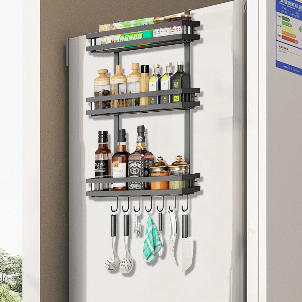 PFCTART Küchenorganizer-Set Hängeregal Küchenregal für Kühlschrank – 3-lagig & Metall, (Set, 1-tlg., Für Kühlschrank, Schrank & Möbel – Schwarz, Edelstahl), Ohne Bohren, inkl. Küchenreling & 7 Haken, starke Klebebefestigung