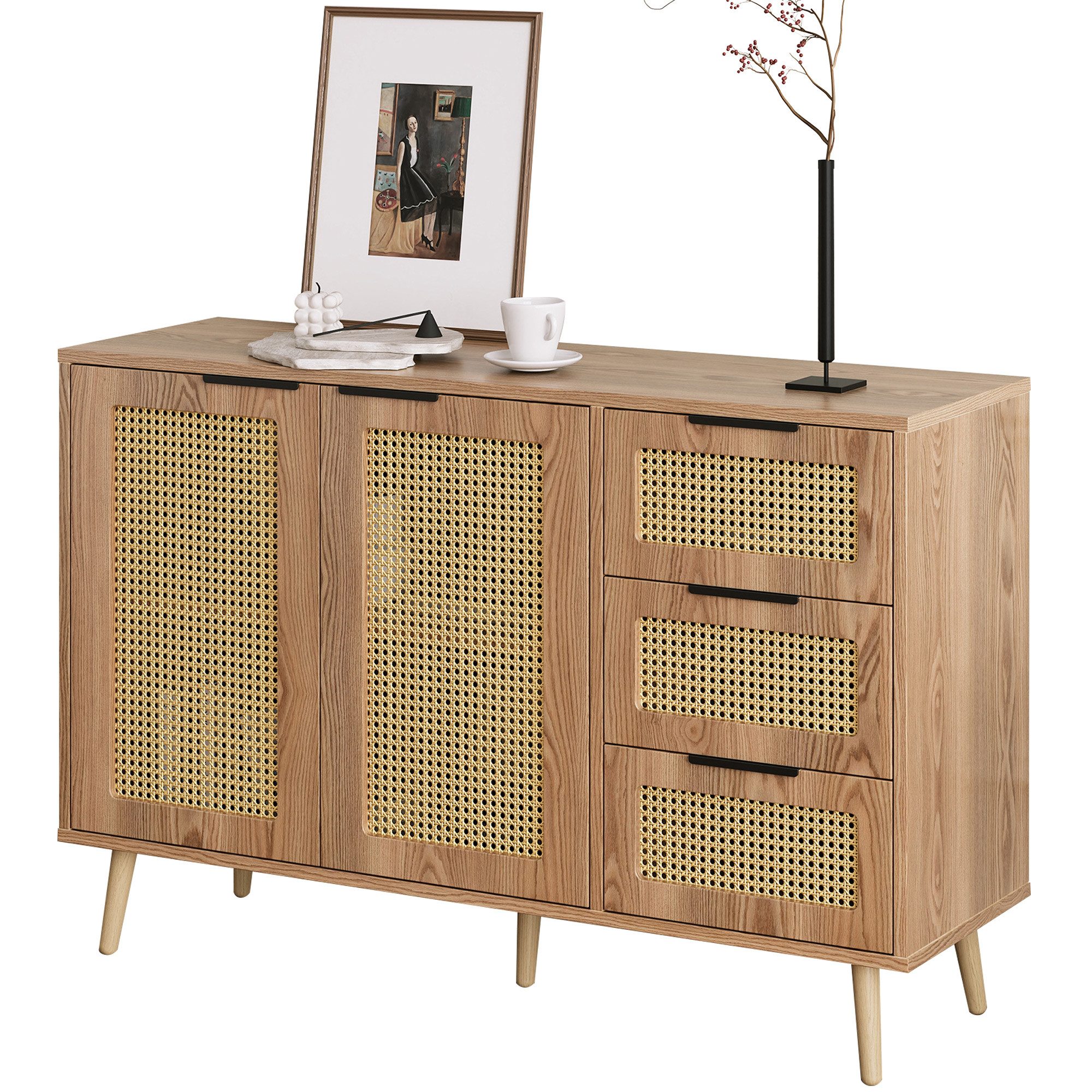 OKWISH Sideboard Vintage Rattan Küchenschrank,mit 2 günstig online kaufen
