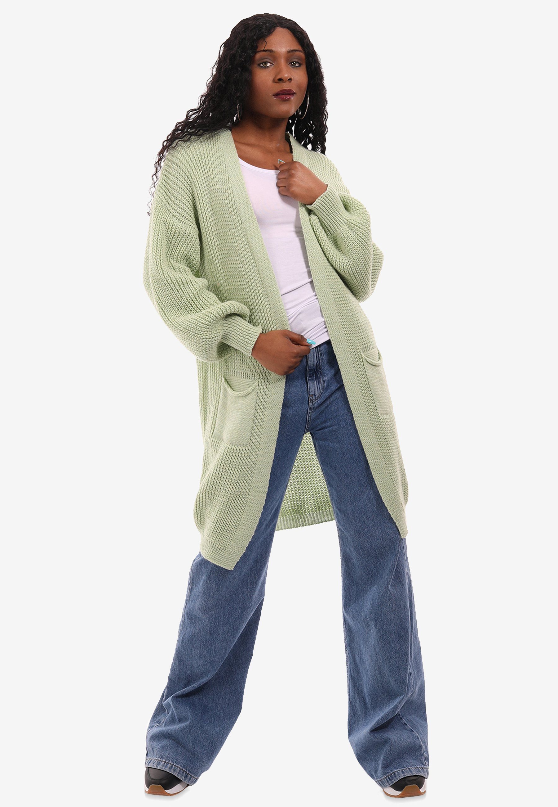 YC Fashion Taschen Strick-Cardigan Style mit mint mit & Unifarbe, Size Cardigan aufgesetzten Taschen One in