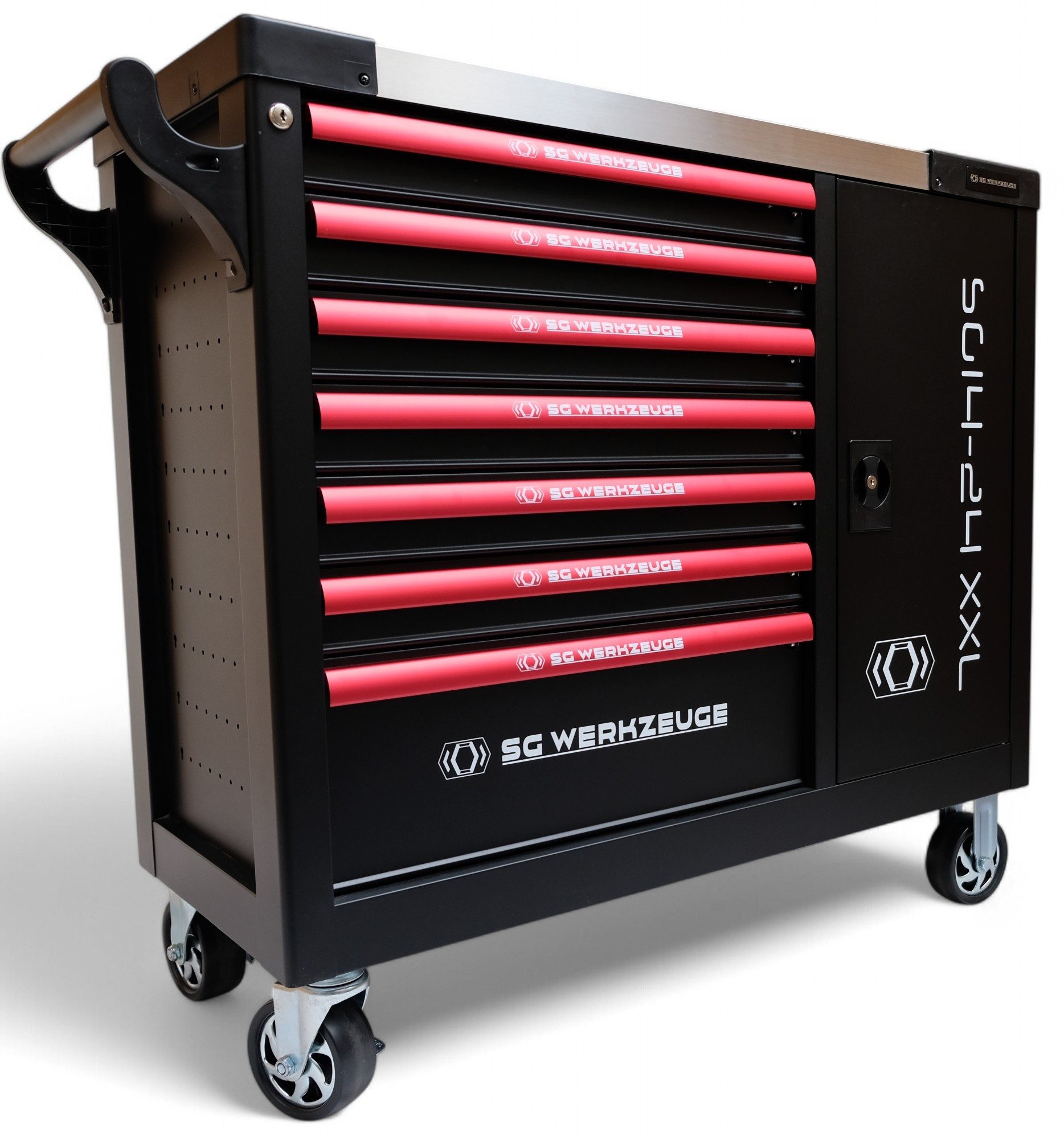 DeTec. Werkstattwagen XXL befüllt mit Werkzeug, 7 Schubladen gefüllt, KFZ Werkzeugwagen, 390-tlg. Werkzeugset, KFZ Werkzeugkasten bestückt mit Carbon Optik Einlegern