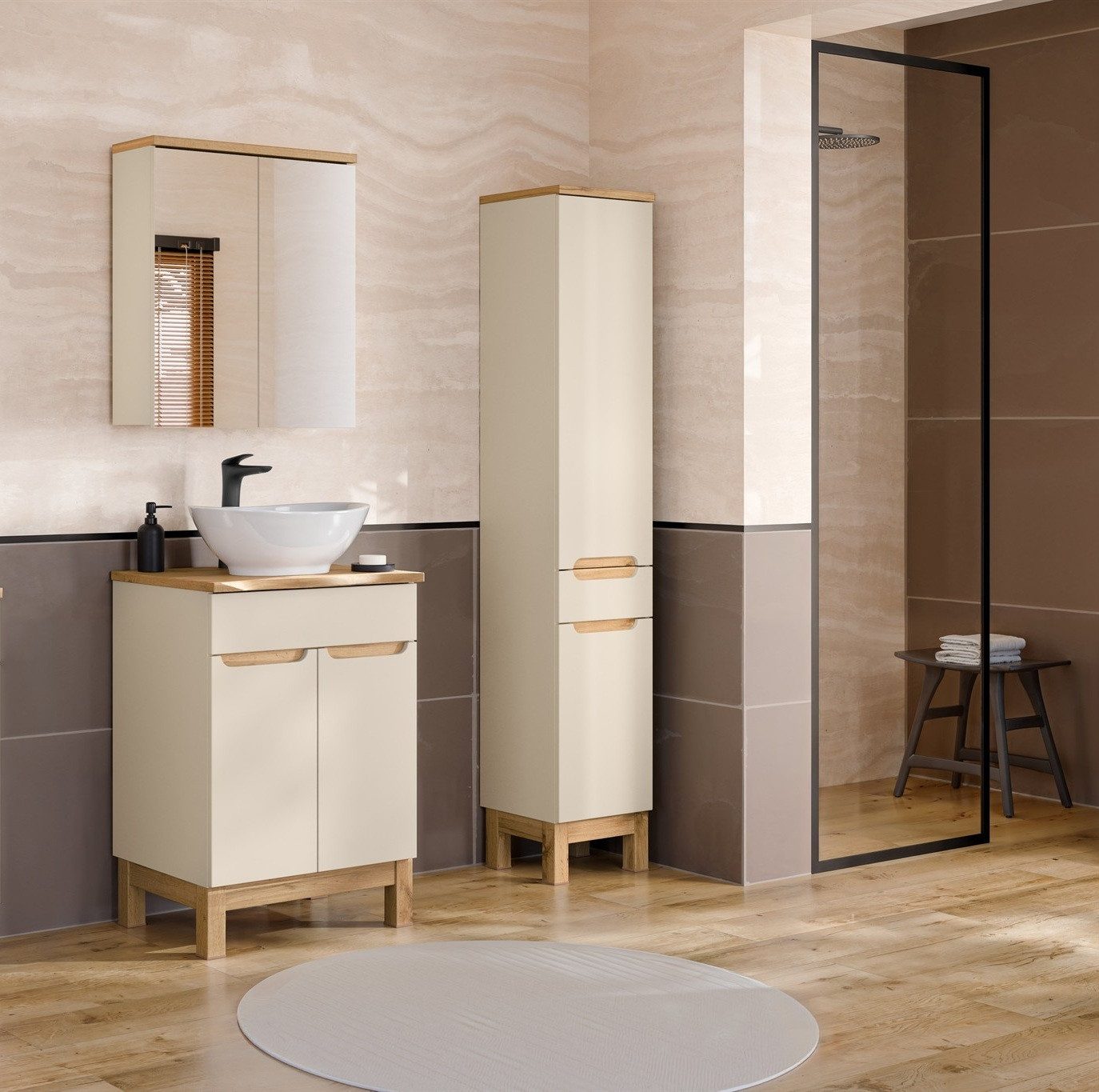 Fun Möbel Badmöbel-Set Serie DEVI 3/4-tlg Cashmere Hochschrank Waschtisch 40 cm, (3-St., Schubladen und Türen mit Soft-Close-System), mit oder ohne Waschbecken