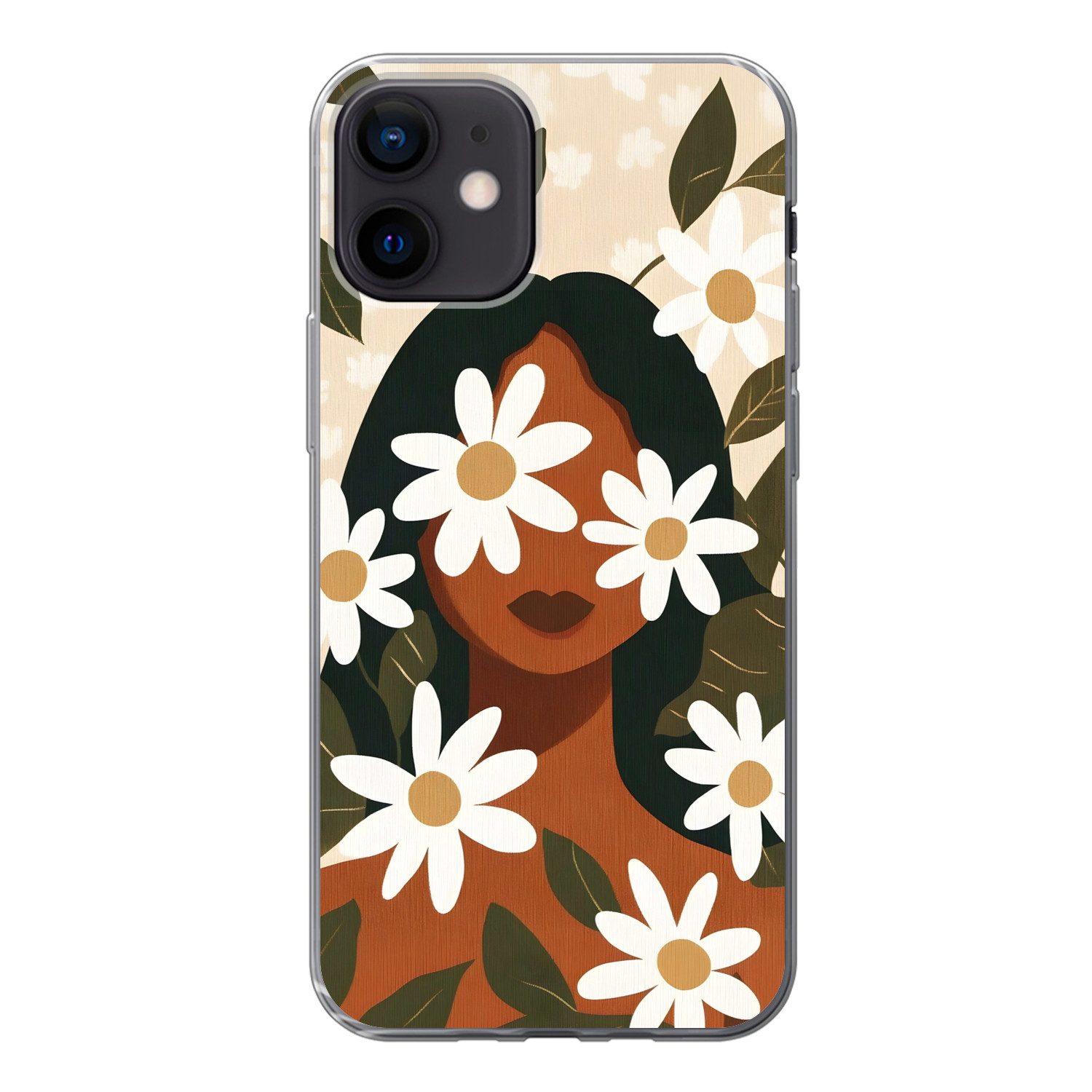 MuchoWow Handyhülle für Apple iPhone 12 Illustration - Frau - Gänseblümchen - Weiß, Smartphone-Bumper, Print, Handy Schutzhülle Dünn