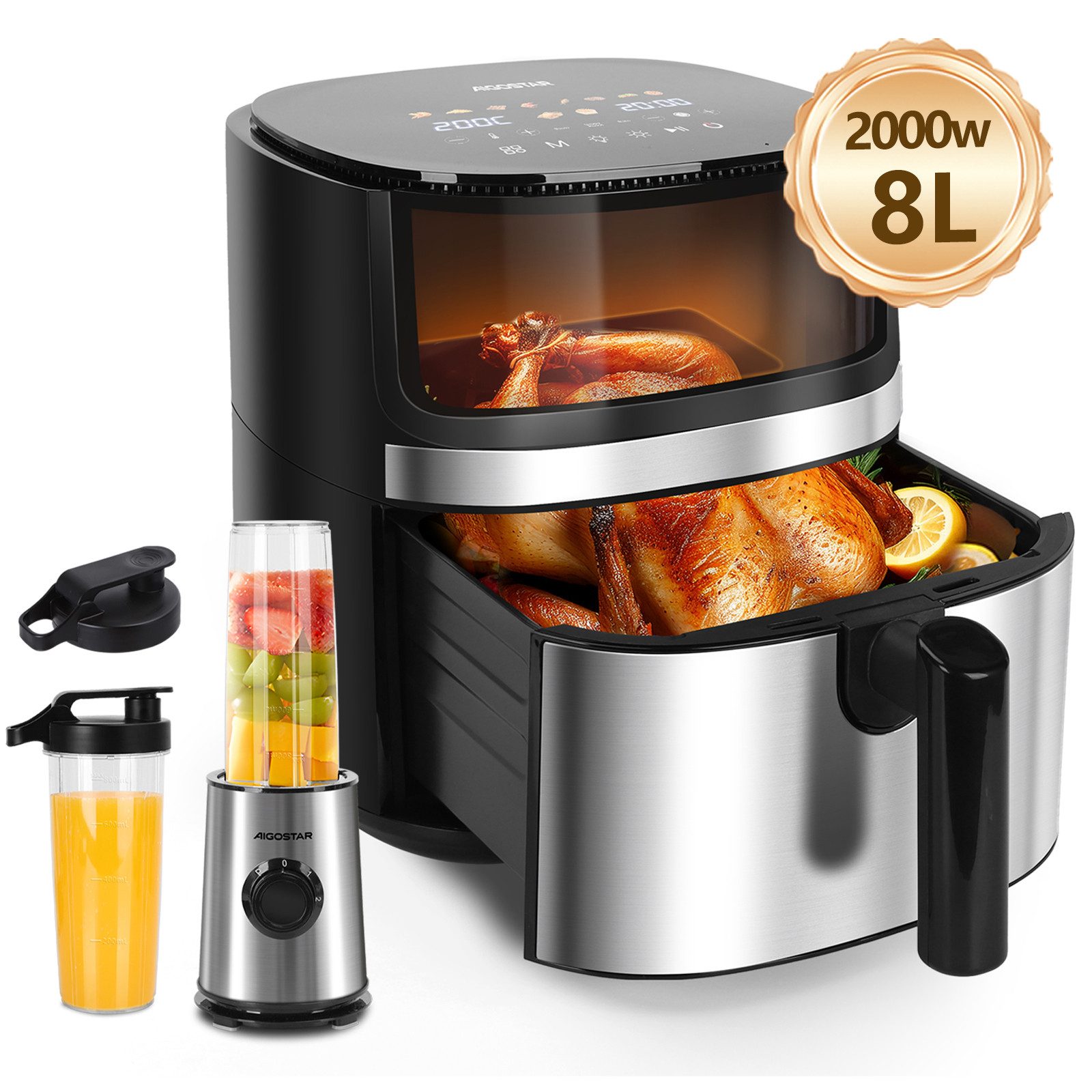 Aigostar Smoothie-Maker Mini Standmixer, 600W, Ice-Crush-Funktion, 2 x 800ml Becher, BPA-frei, 600 W, 2 Geschwindigkeitsstufen + Impulsfunktion, Tritan-Kunststoff Flasche