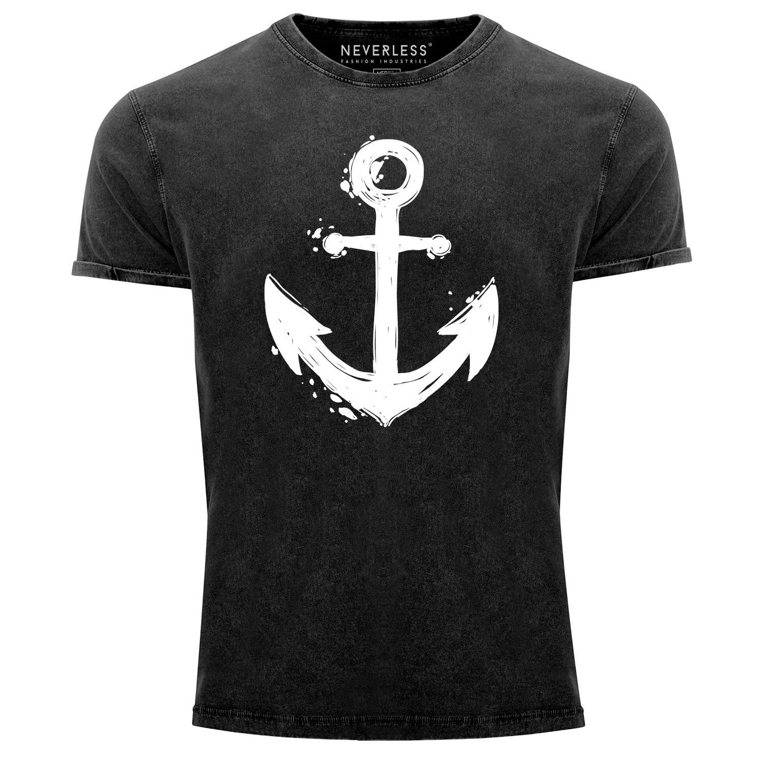 Fit mit Aufdruck Printshirt Motiv Anker Shirt T-Shirt mit schwarz Vintage Print-Shirt Slim Herren Print Neverless® Look Neverless Used