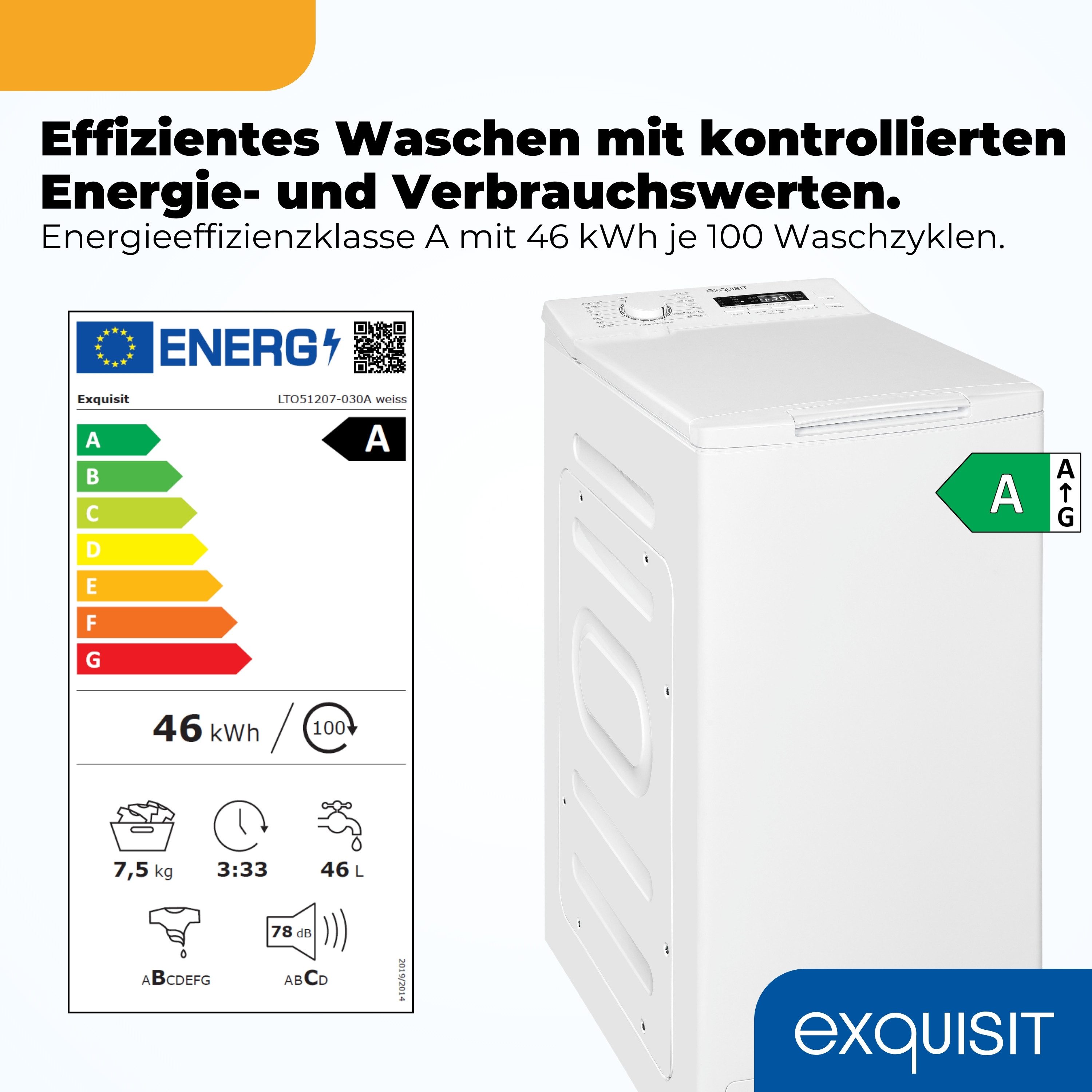 exquisit Waschmaschine Toplader LTO51207-030A, 7,5 kg, 1200 U/min, 7,5 kg, Startzeitvorwahl, Aquastop, Schmal, 15 Programme, Toplader