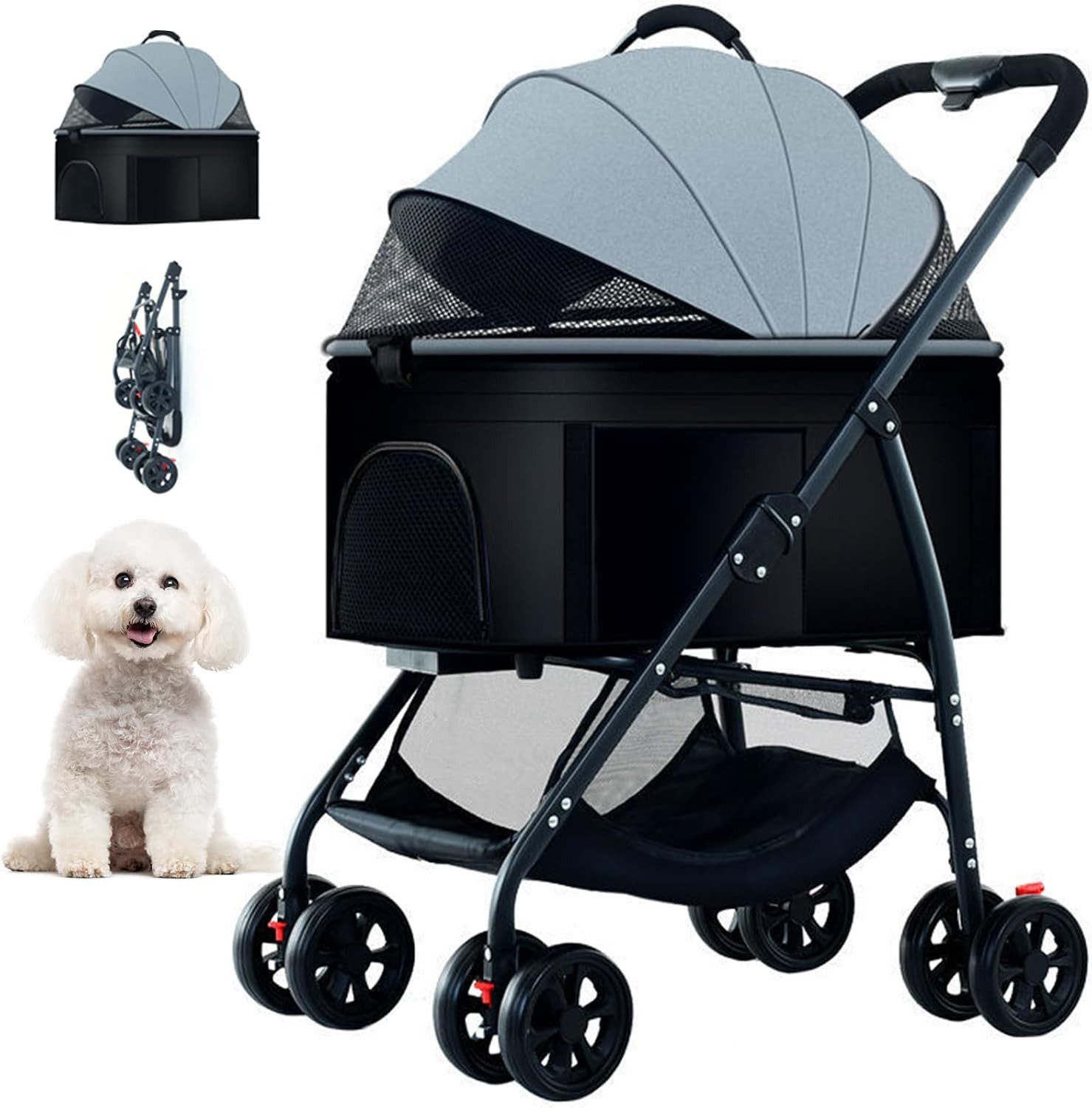 ibettertec Hundebuggy 2-in-1 Hundebuggy für Hunde und Katzen, (faltbarer Haustierwagen mit abnehmbarer Transportwanne), 360° Schwenkrädern und bis 40 kg belastbar