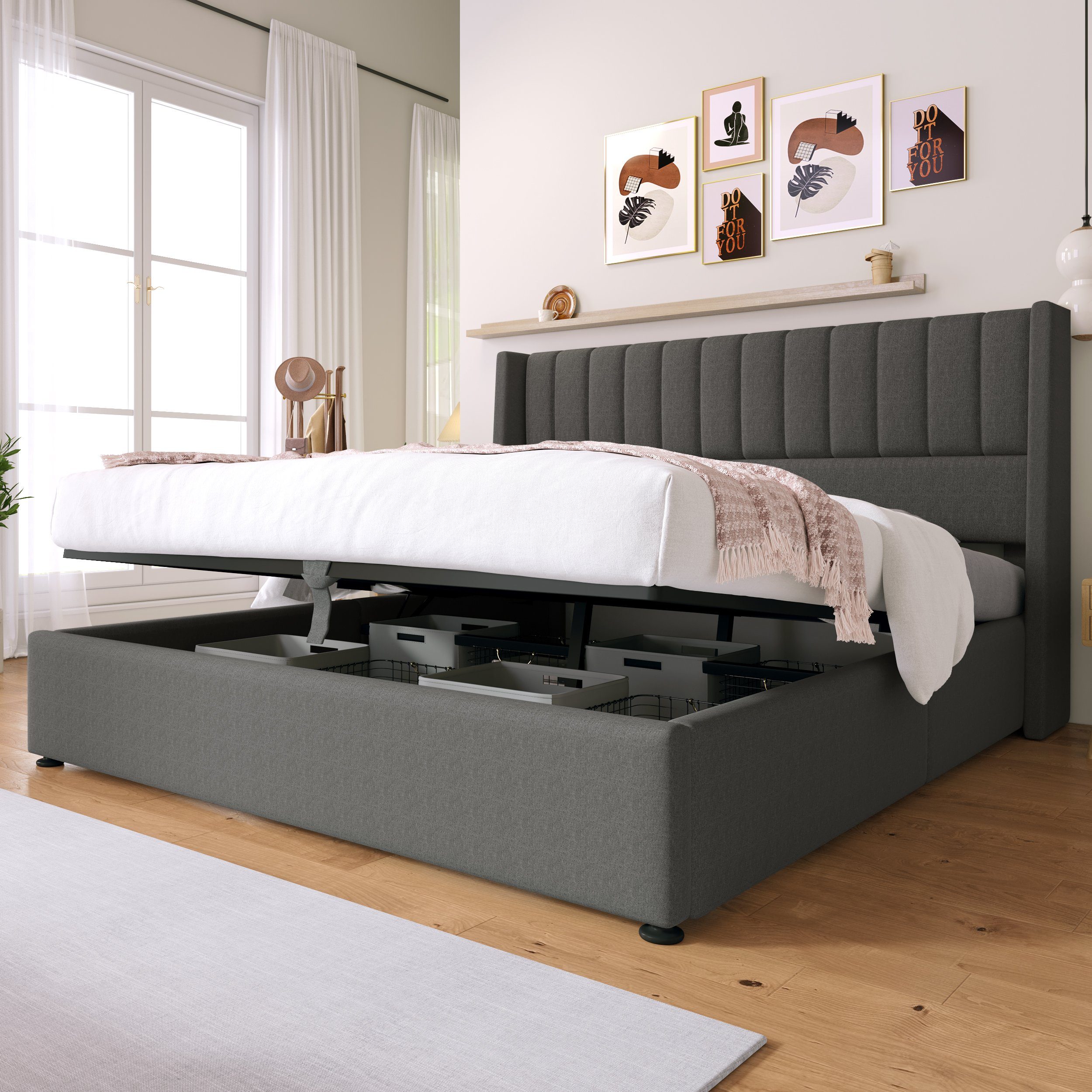 Flieks Polsterbett, Hydraulisches Doppelbett Stauraumbett Leinen günstig online kaufen