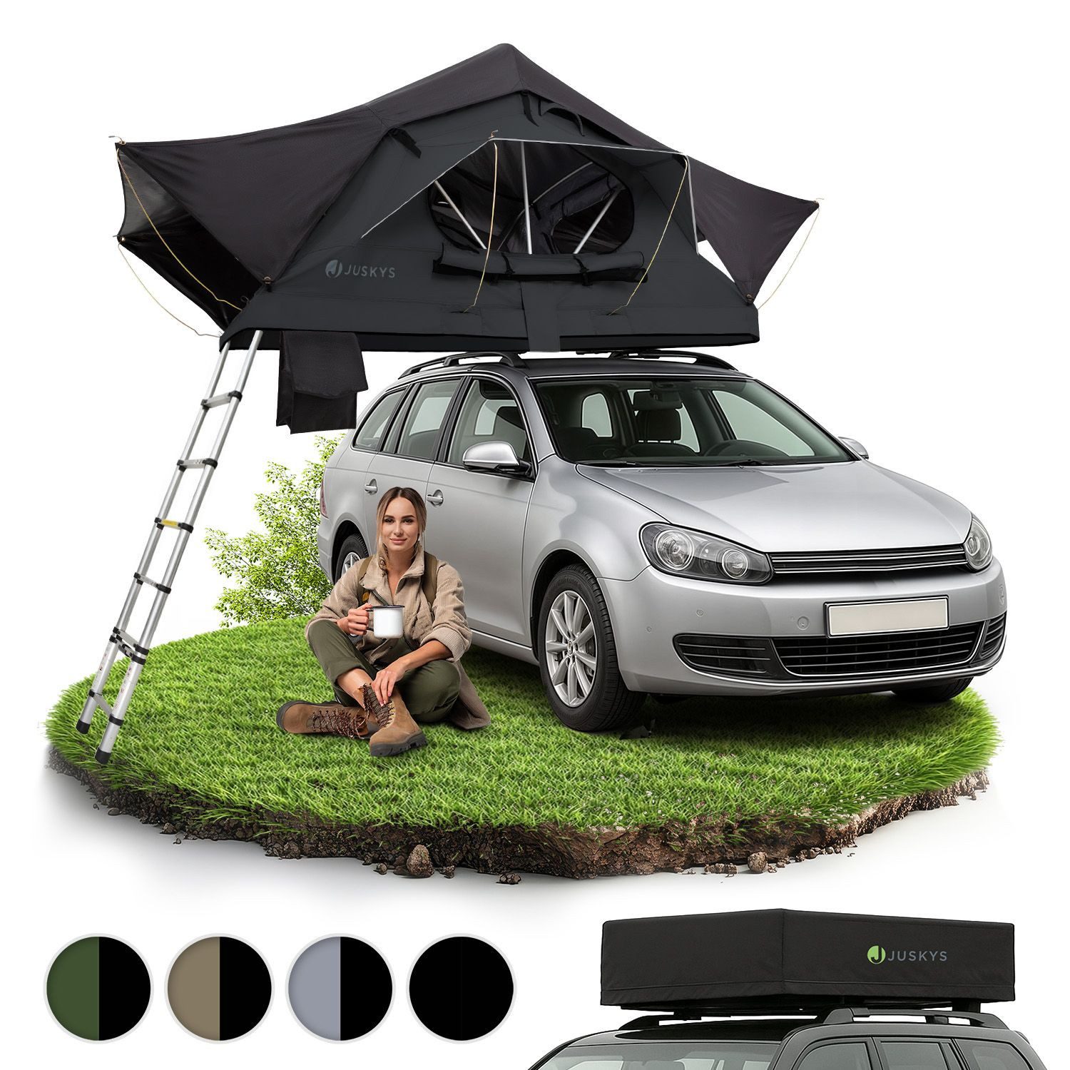 Juskys Dachzelt Lago, Wasserdicht, Teleskopleiter, 2 Personen Zelt, LED Beleuchtung