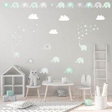 nikima Wandtattoo 165 Elefanten mint Wolken Sterne weiß grau (PVC-Folie), in 6 vers. Größen
