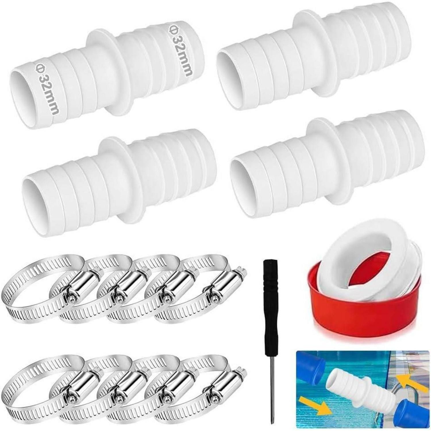 LuxusKollektion Rohrverbinder Poolschlauchadapter 32mm 4PCS Schlauchschellen PTFE Band Weiß B