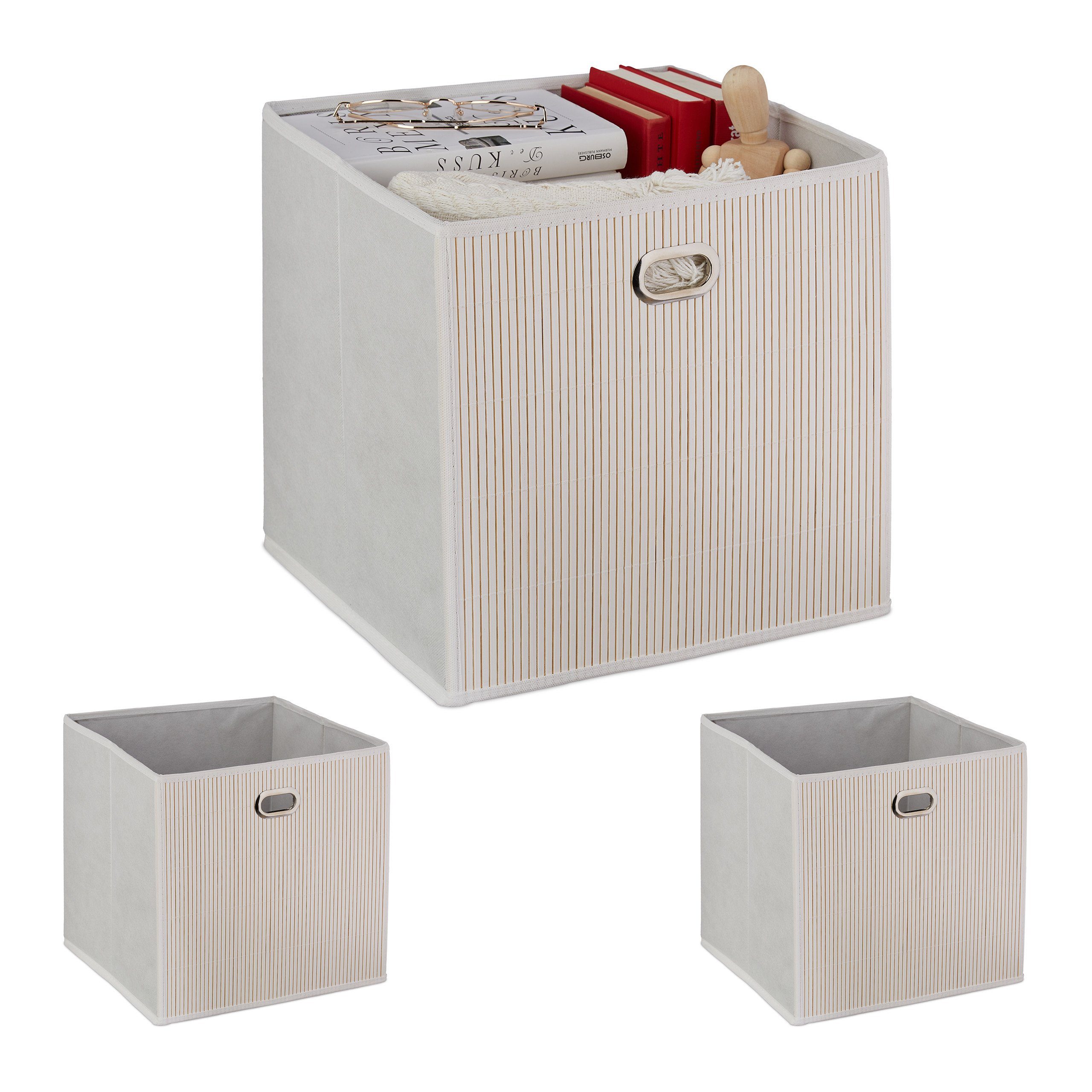 Faltbare Aufbewahrungsbox mit Deckel und Bambus-Rahmen, 3er Set, faltbar