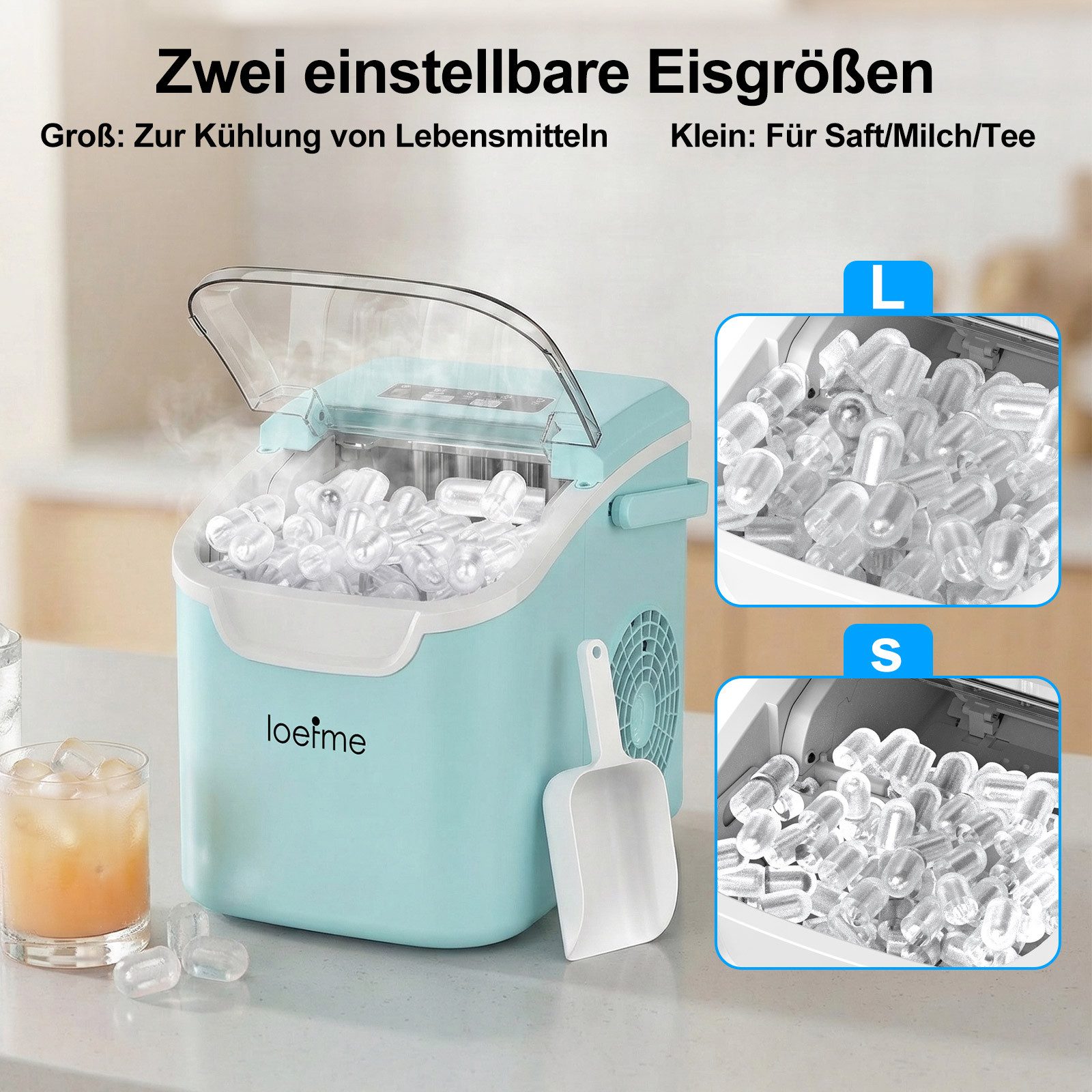 loefme Eiswürfelmaschine Tragbarer Eiswürfelbereiter, 6 Minuten Schnellproduktion, Selbstreinigung, leiser Betrieb, 12KG/24H, für Zuhause Party – Bild 4 von 5