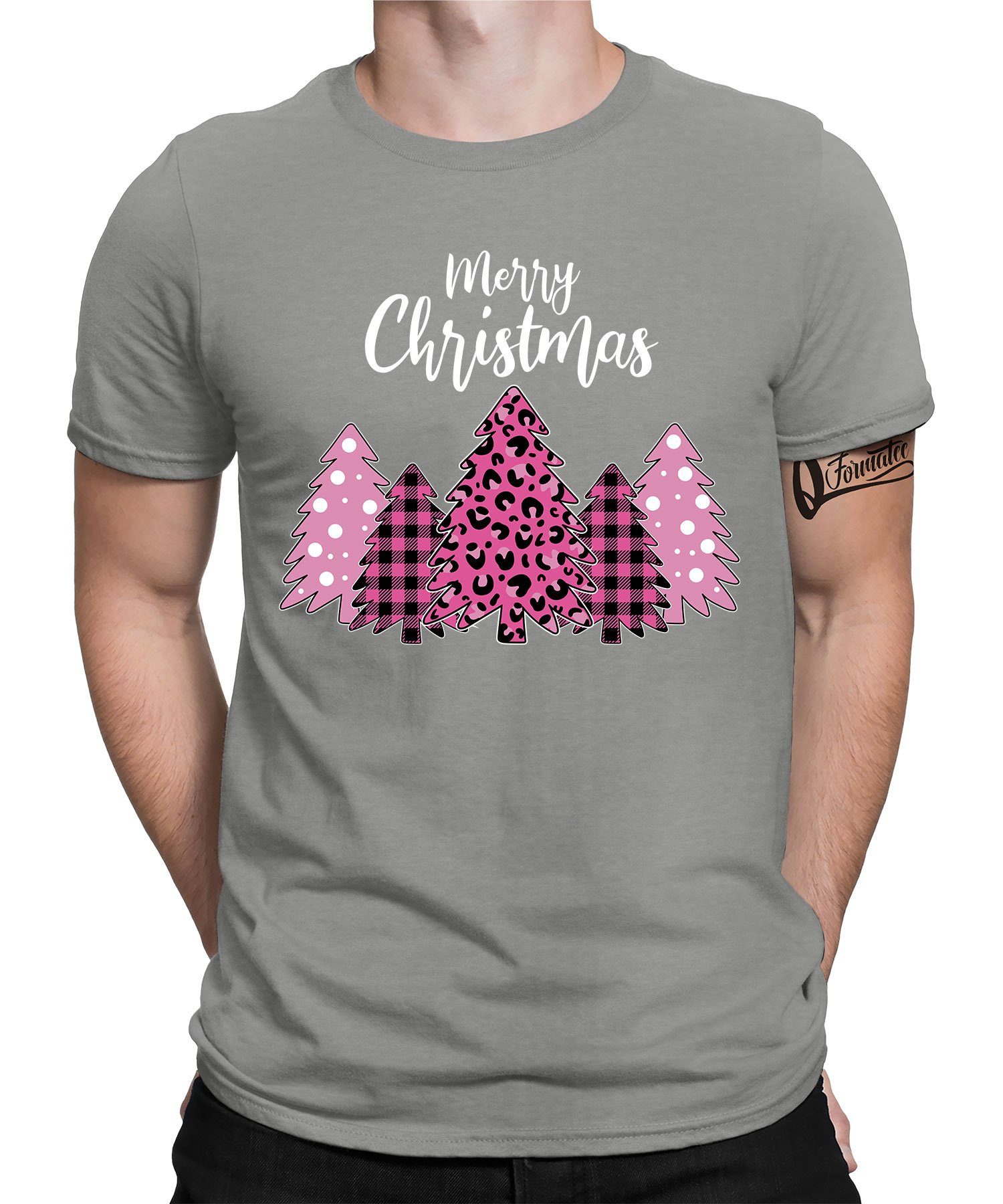 Quattro Formatee Kurzarmshirt Merry Christmas Weihnachtsbaum - Weihnachten X-mas Weihnachtsgeschenk (1-tlg) Heather Grau