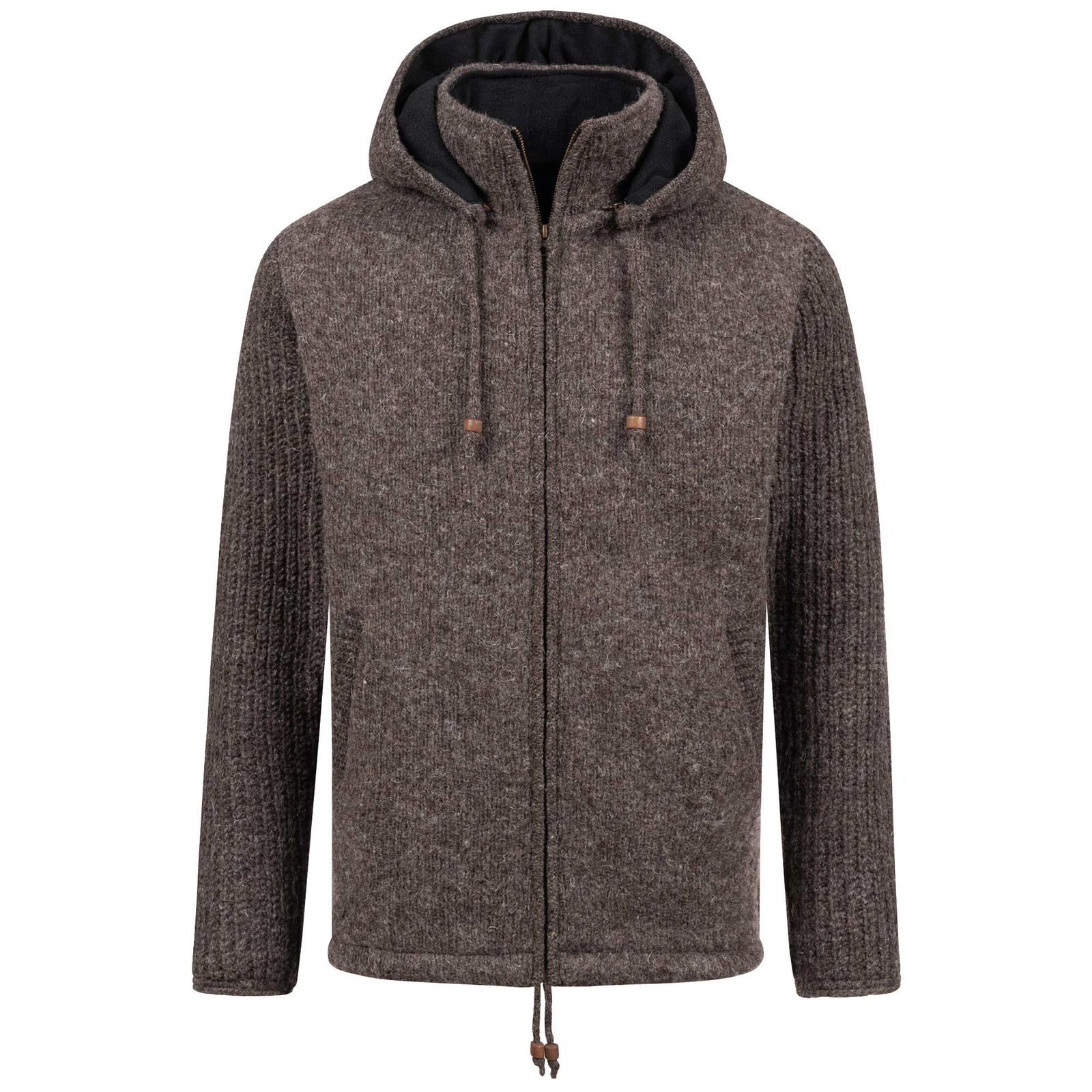 KUNST UND MAGIE Strickjacke Strickjacke Schurwolle Klassich Nordisch Wolle +Kapuze Kragen Braun