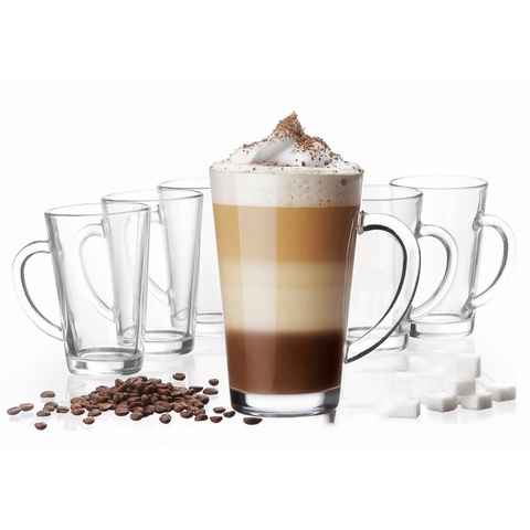 PLATINUX Latte-Macchiato-Glas Latte Macchiato Gläser mit Griff, Glas, Set (6-Teilig) 270ml (max. 350ml) Teegläser Coffee Kaffeegläser