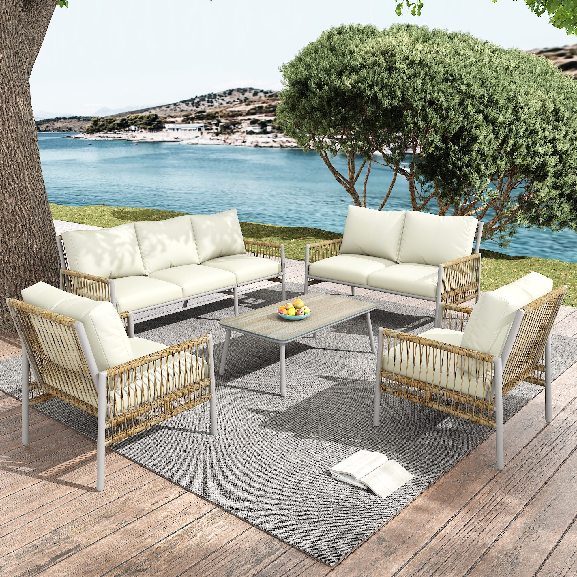 BlingBin Gartenlounge-Set Gartenmöbel-Set 7-Sitzer, Garten-Essgruppe, 1 Couchtisch, PE-Rattan, (5er Set, 5-tlg., Verzinktes Stahlrohr, Gehärtetes Glas (Massivholzmaserung Imitiert), Sitzkissen Abnehmbar und Waschbar, Beige