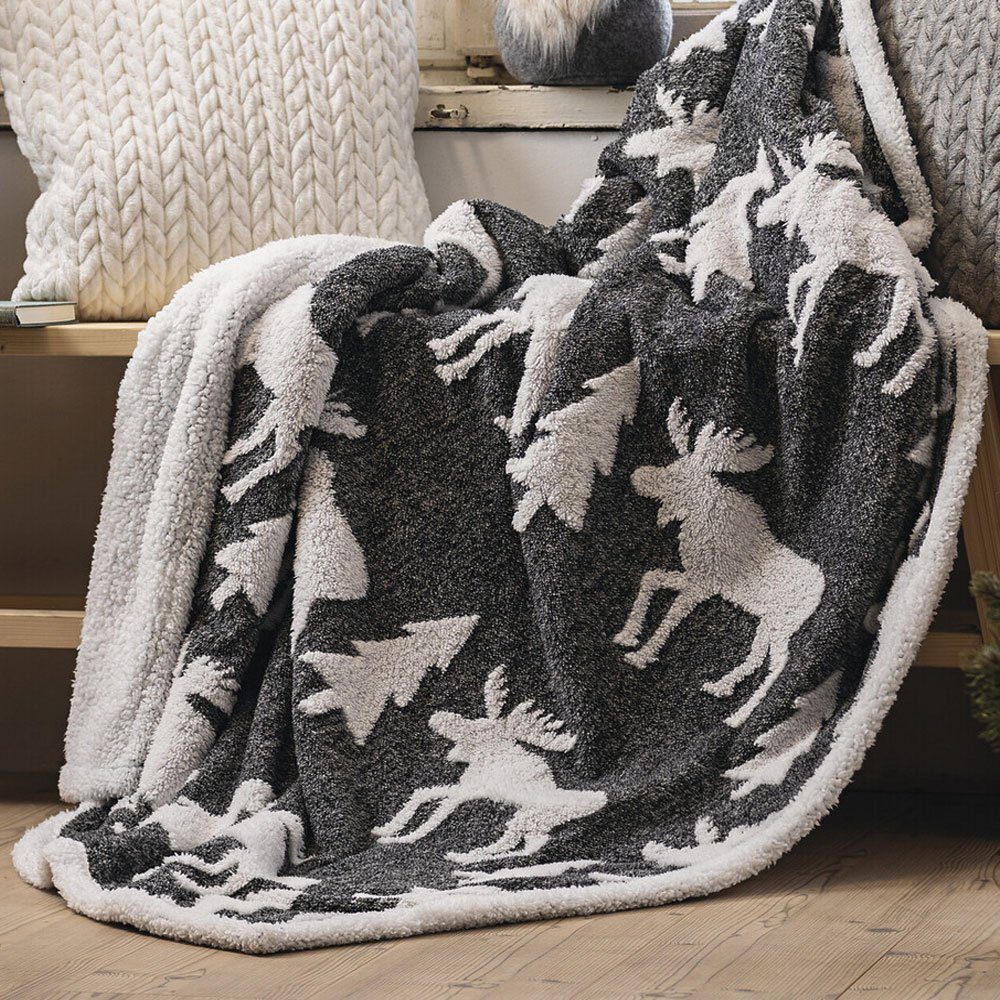 Wohndecke Wohndecke Kuscheldecke Elch Winter Decke Wohnzimmer Weiß 130 x  160,