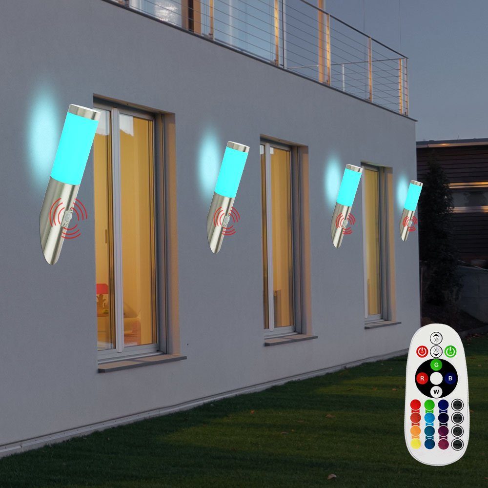 etc-shop Außen-Wandleuchte, Leuchtmittel inklusive, Warmweiß, Farbwechsel, 4x Außen Wand Leuchten Edelstahl Balkon Lampen Bewegungsmelder im Set