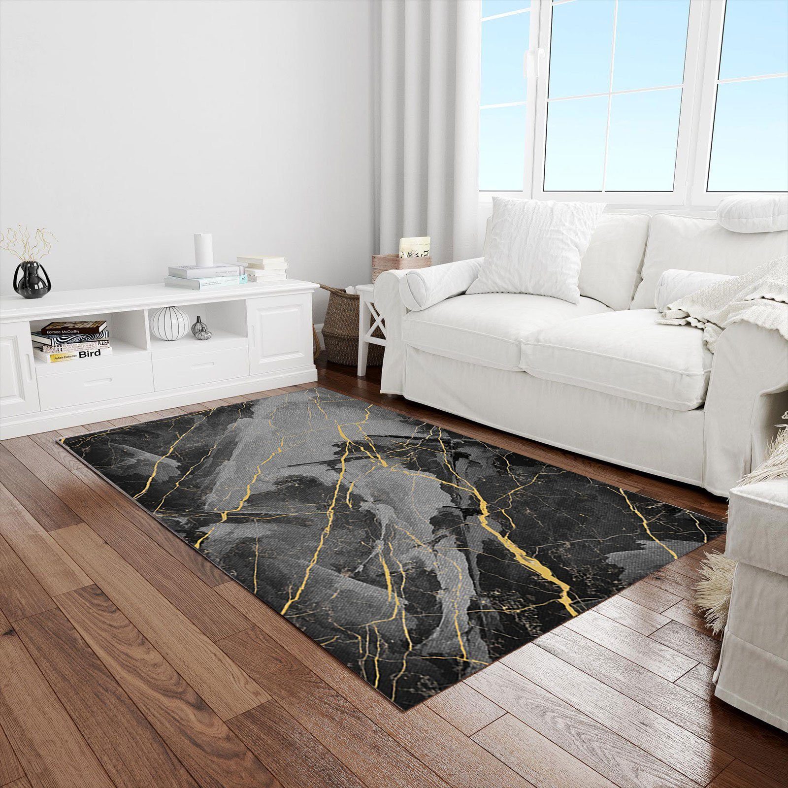 offiziell Teppich Marmor Modernes 6 Fußbodenheizungsgeeignet Schlafzimmer, Wohnzimmer mm, Textilien, Universell Läufer Anthrazit einsetzbar, Höhe: Jungengel Design