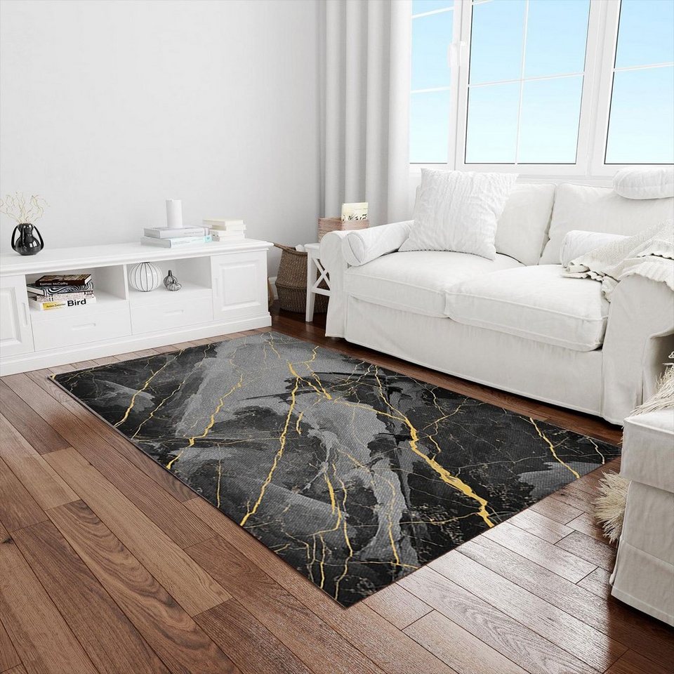 Teppich Marmor Anthrazit Läufer Modernes Design Wohnzimmer Schlafzimmer,  Jungengel Textilien, Höhe: 6 mm, Universell einsetzbar,  Fußbodenheizungsgeeignet