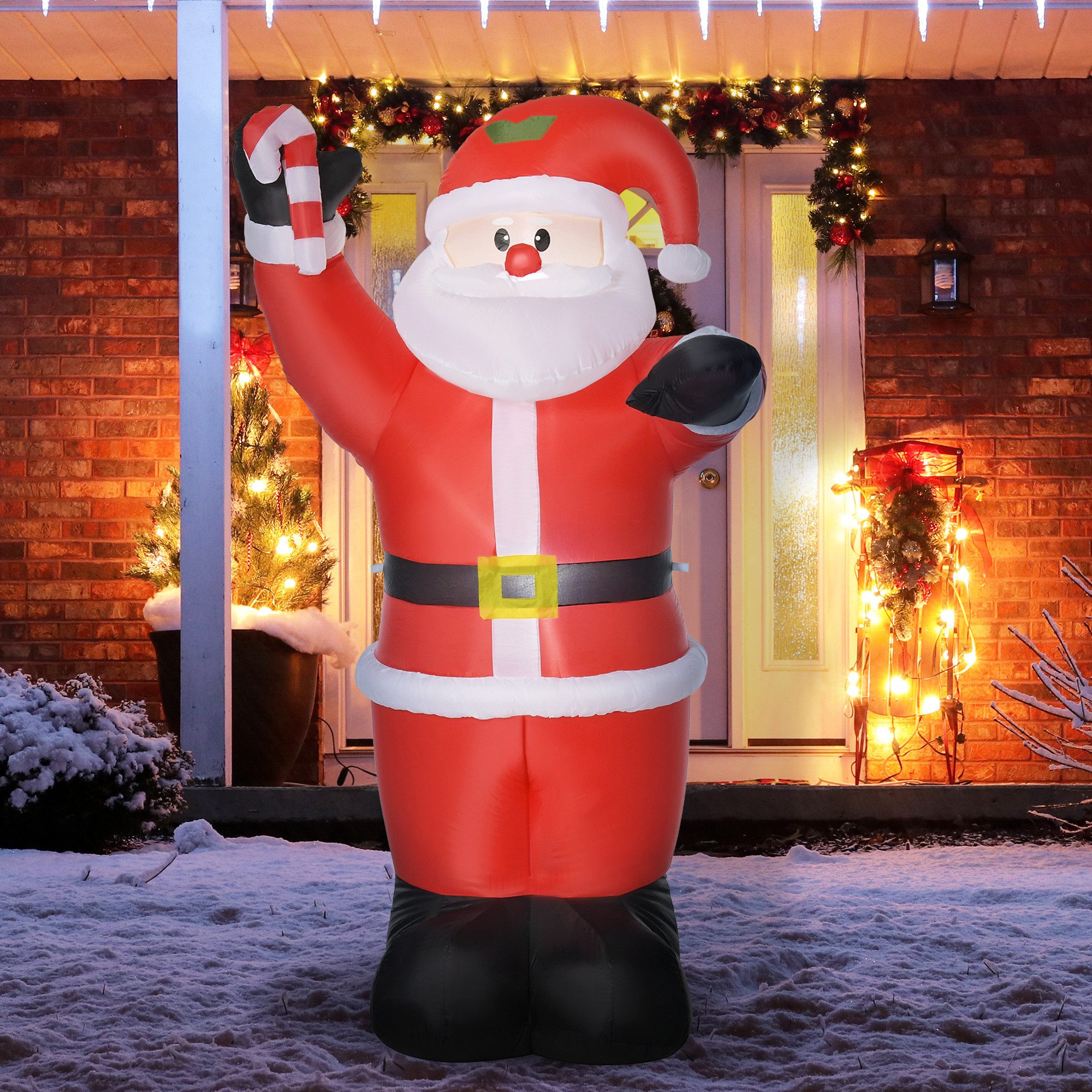 HOMCOM Weihnachtsfigur Aufblasbar Weihnachtsdeko, Weihnachtsmann,Zuckerstange,Gartendeko (LED-Leuchten, 1 St., Erdspieße), Seile, Polyester, Rot