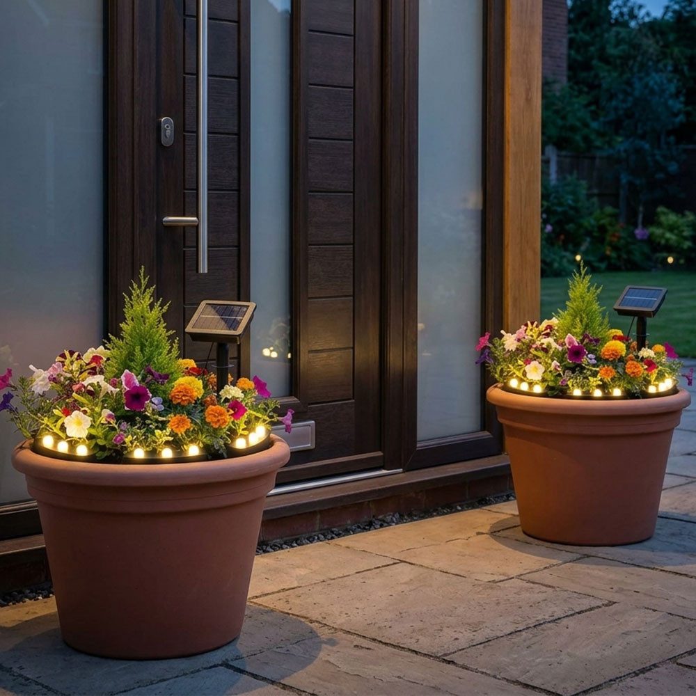 Harms Import LED Solarleuchte, Warmweiß, 2x LED Solarleuchte Stecklampe Blumentopfleuchte schwarz Erdspieß