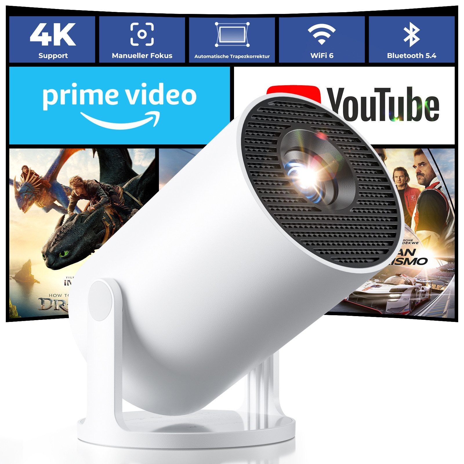 Einyoumily Mini Beamer Unterstützt 4K, Integrierte APP Android 14 Heimkino Beamer (20000 lm, 10000:1, 3840x2160 px)
