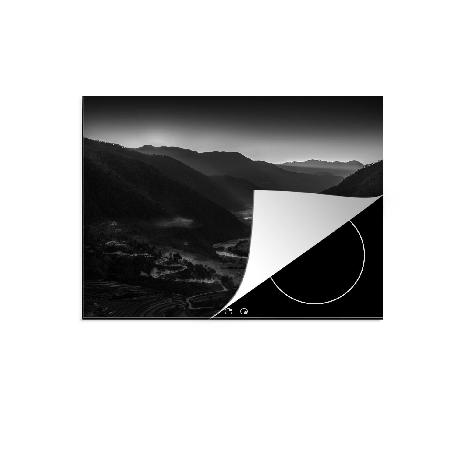 Weiß Ceranfeldabdeckung 60x52 - nutzbar, cm, Schwarz Herdblende-/Abdeckplatte MuchoWow - Tal, Bhutan - (1 Mobile tlg), Arbeitsfläche Vinyl,