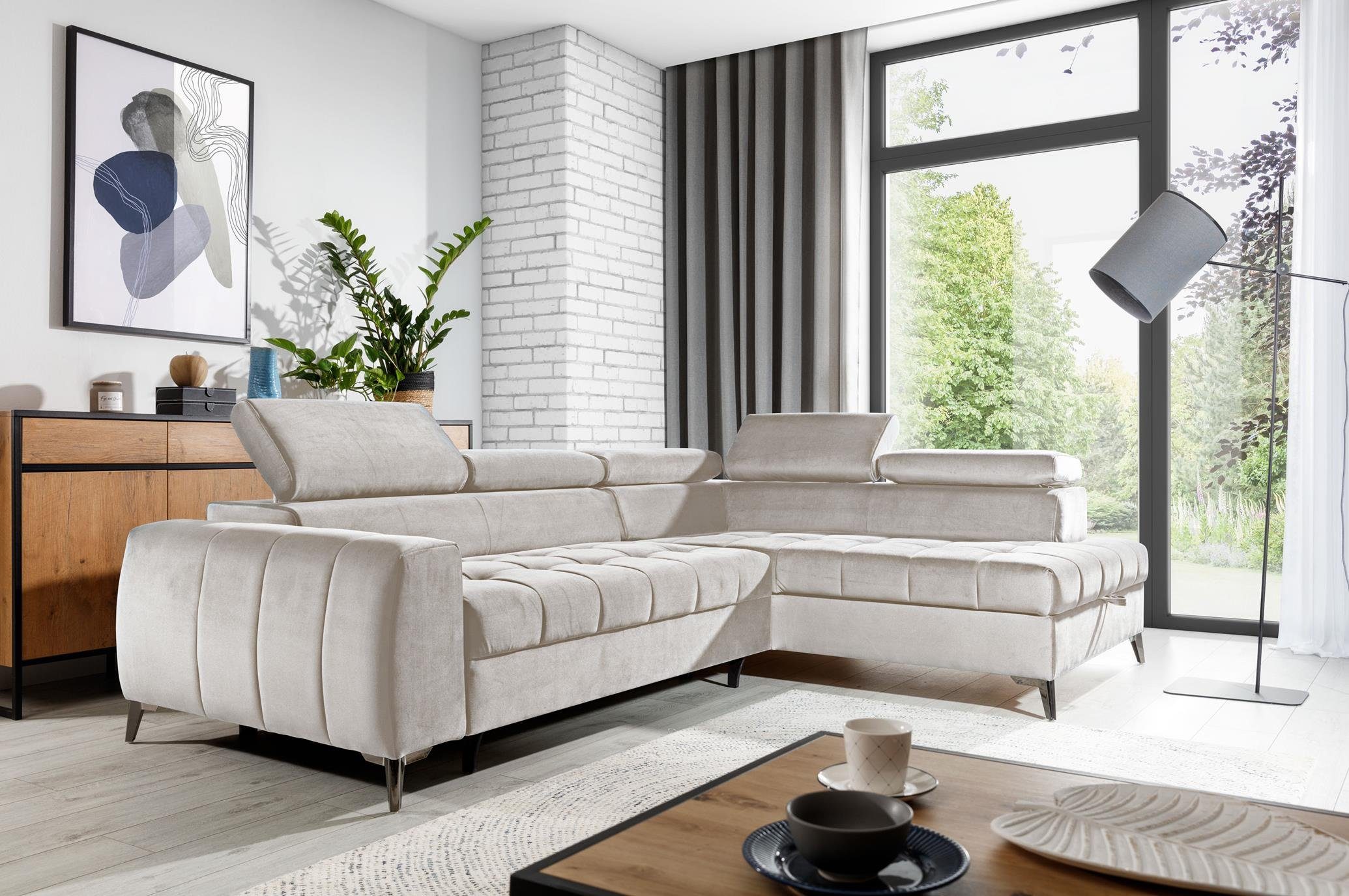 Furnix Ecksofa TOULOUS Sofa mit Schlaffunktion Automat DL Auswahl, hochwertige Verarbeitung Maße: B275 x H95 x B200 cm Creme