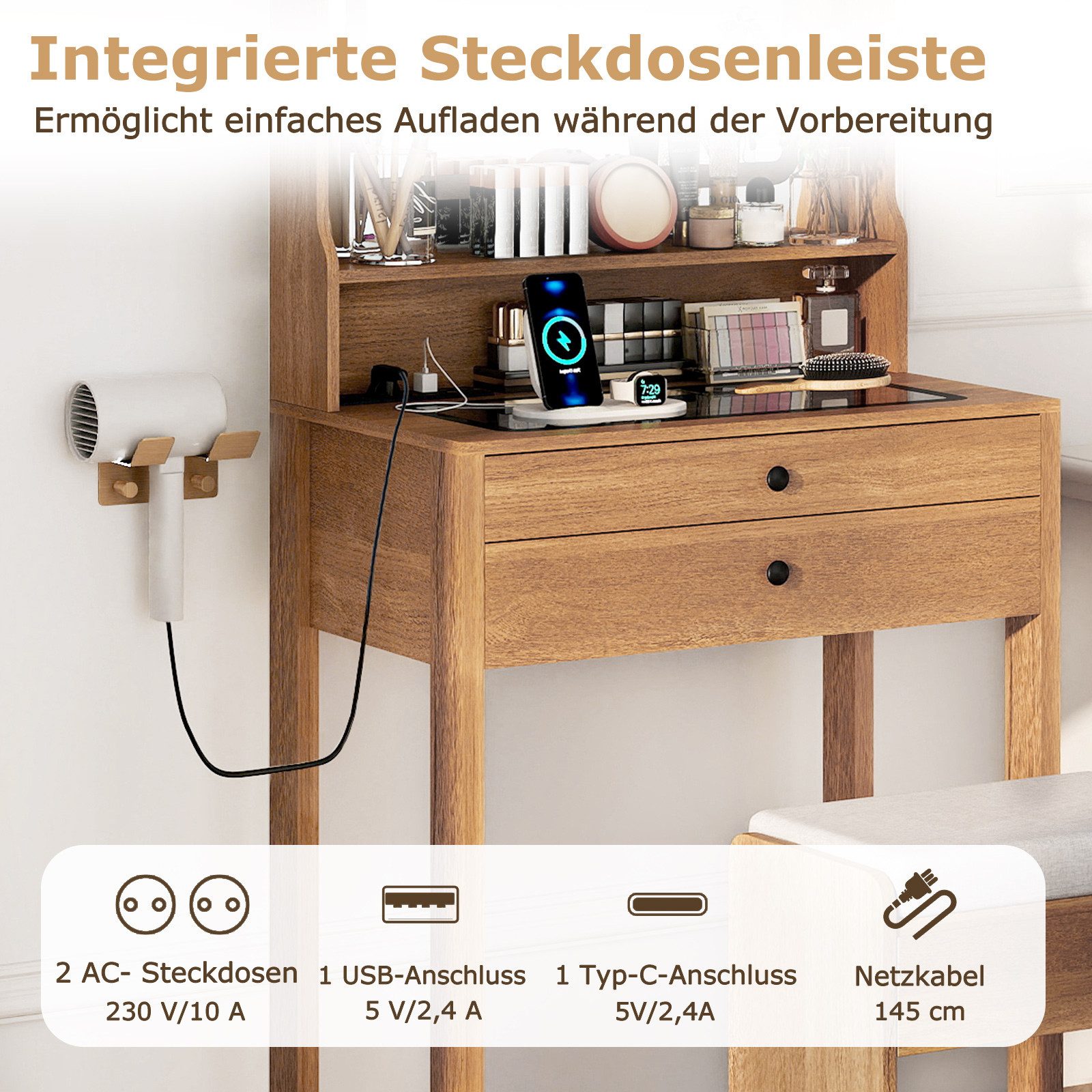 COSTWAY Schminktisch Kosmetiktisch mit LED Spiegel (1-St), Hocker, Steckdosen – Bild 3 von 5