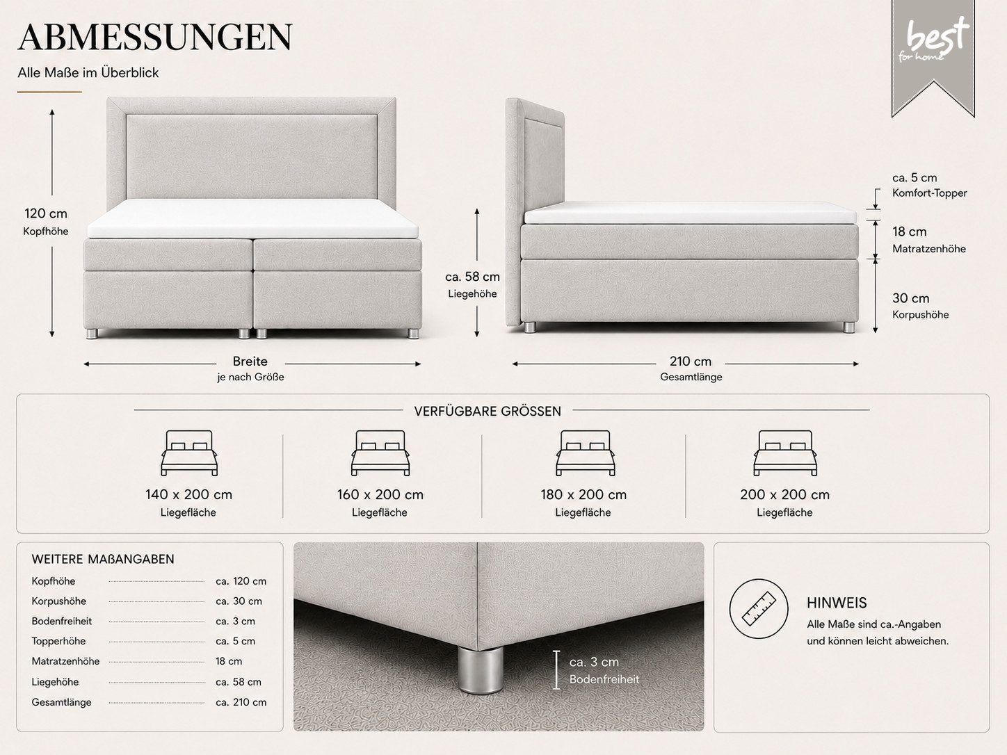 Best for Home Boxspringbett Trinity K3 mit zwei Bettkasten & Komfort Topper H3 (Polsterbett Doppelbett Boxbett mit gepolstertes Kopfteil, versch. Größen, 140x20 – Bild 5 von 5
