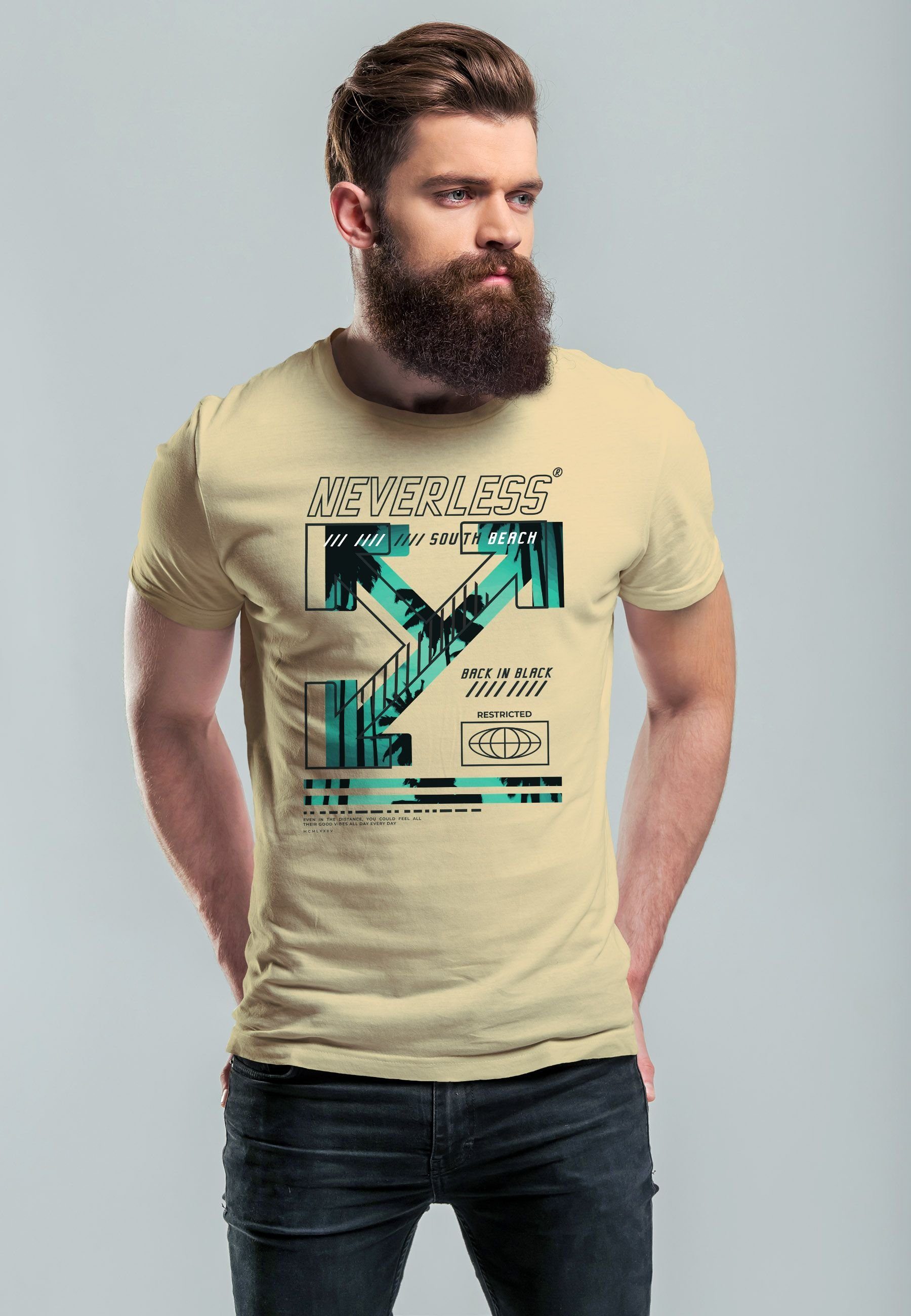 Neverless Text Print mit Fashion Street Print Techwear Print-Shirt T-Shirt Herren Beach Aufdruck South natur