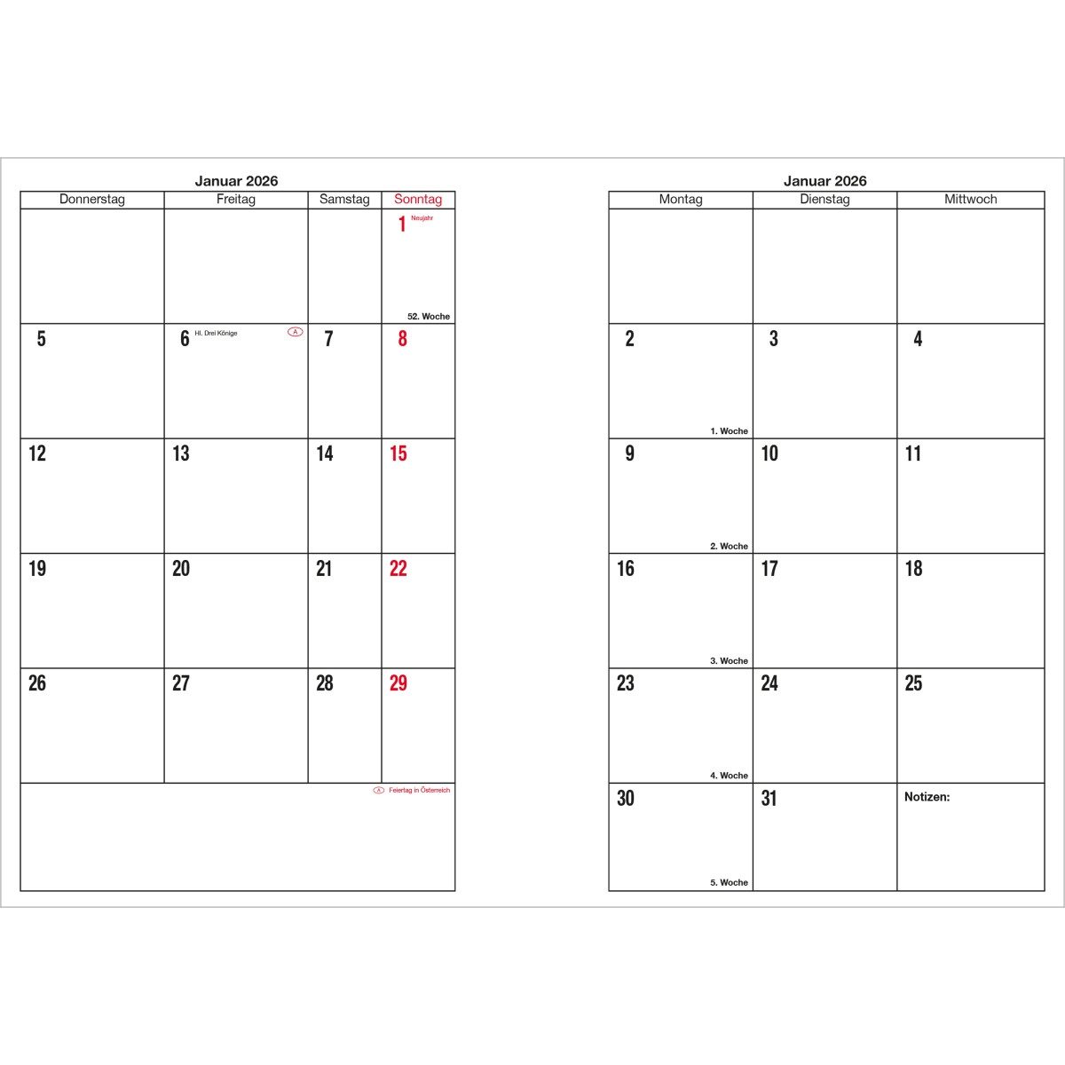 GÜSS Kalender Taschenkalender Taschenkalender 9x15cm 1 Monat/2 Seiten schwarz 2026