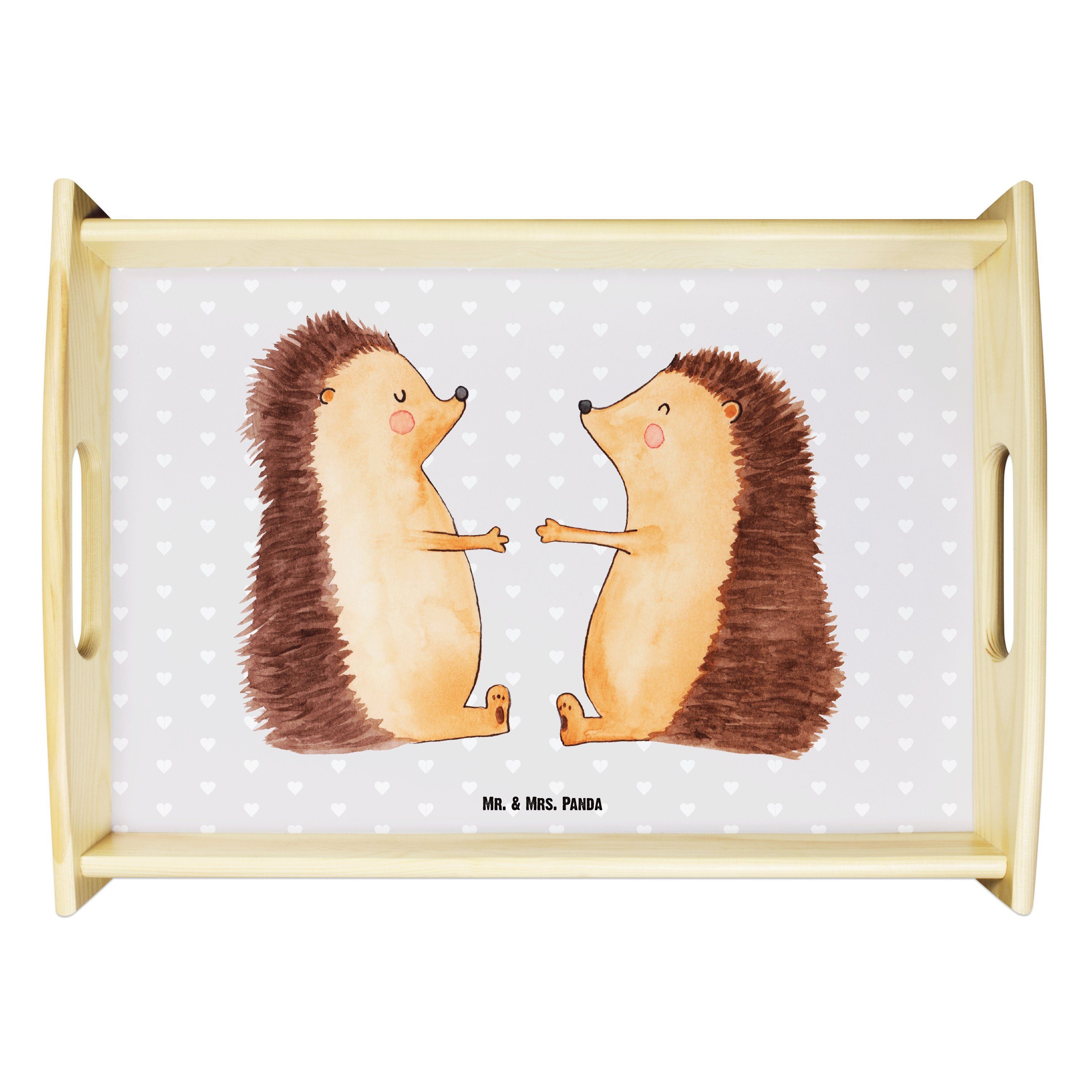 Mr. & Mrs. Panda Tablett Igel Liebe - Grau Pastell - Geschenk, Heiratsantrag, Tablett, Verheir, Echtholz lasiert, (1-tlg)