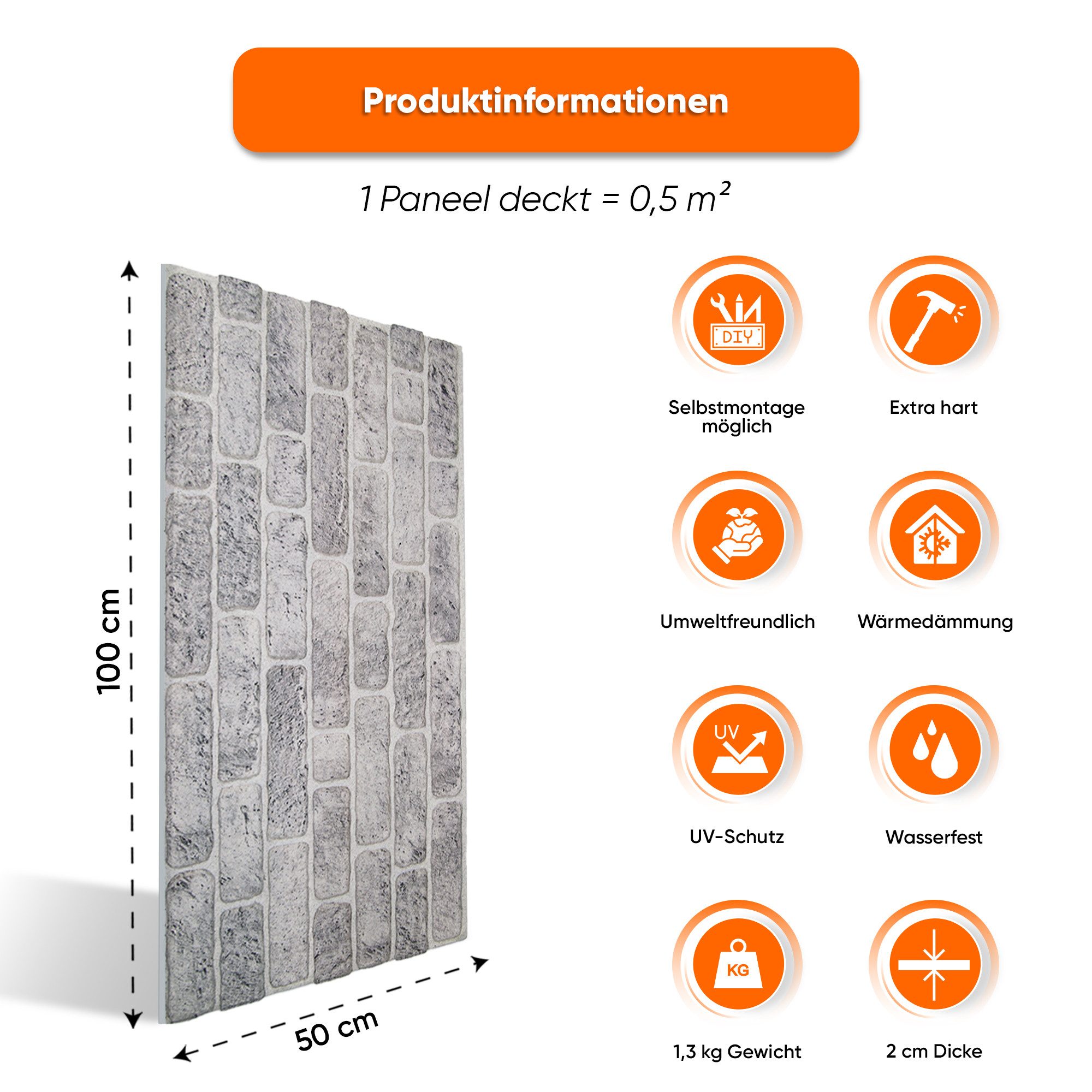IZODEKOR 3D Wandpaneel EPS Styropor Wandverkleidung in Steinoptik – für Innen & Außen, BxL: 50x100 cm, 0,50 qm, (1er- oder 10er-Set, optional mit 4 Montageklebern) wasserfest, leicht zuschneidbar, außen mit UV-Schutz