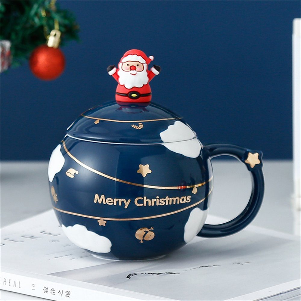 Rouemi Tasse Kugelbecher und Löffelbecher mit Deckel Weihnachts-Keramikbecher, Blau