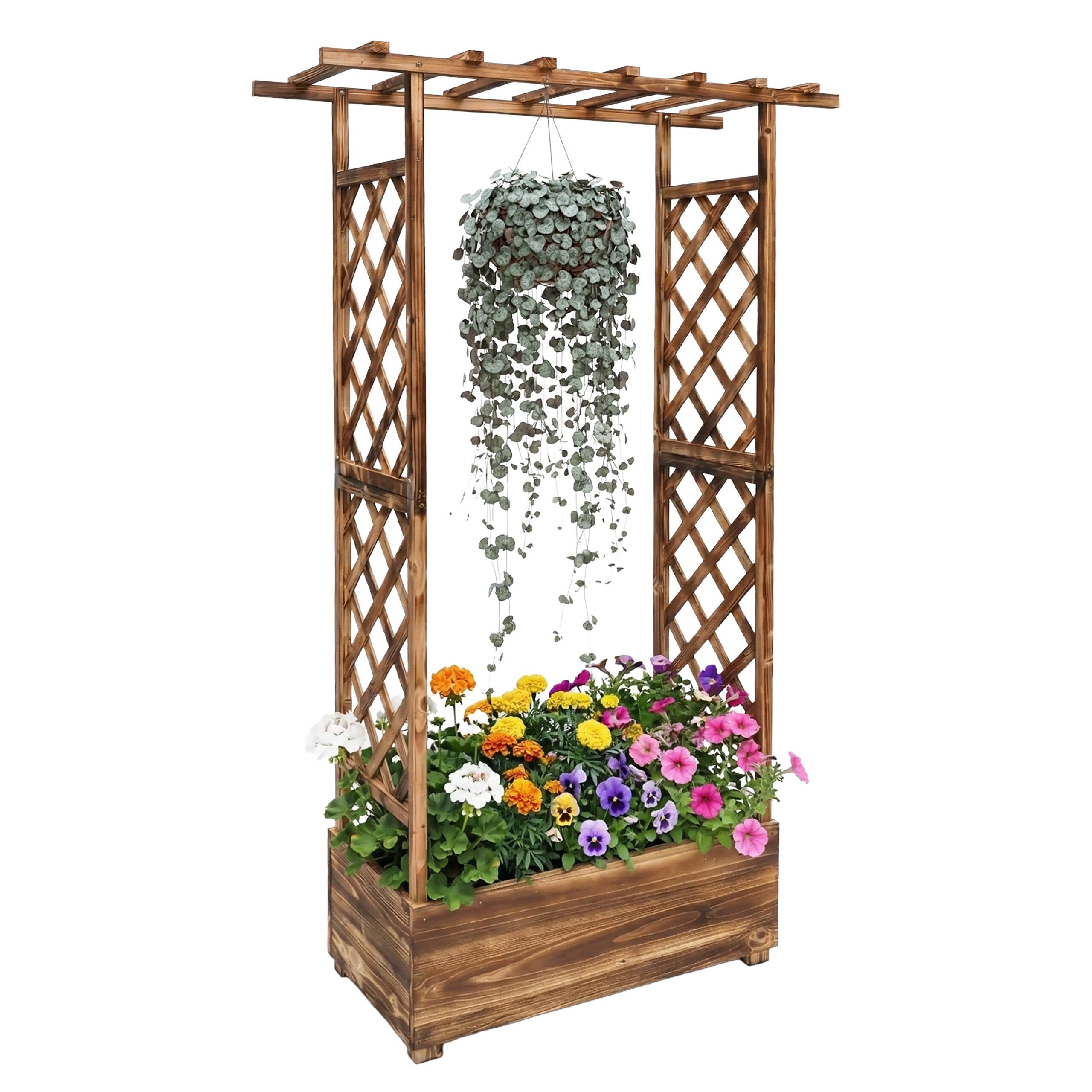 relaxdays Pflanzkübel Blumenkasten mit Rankgitter & Dach (1 St), geflammt