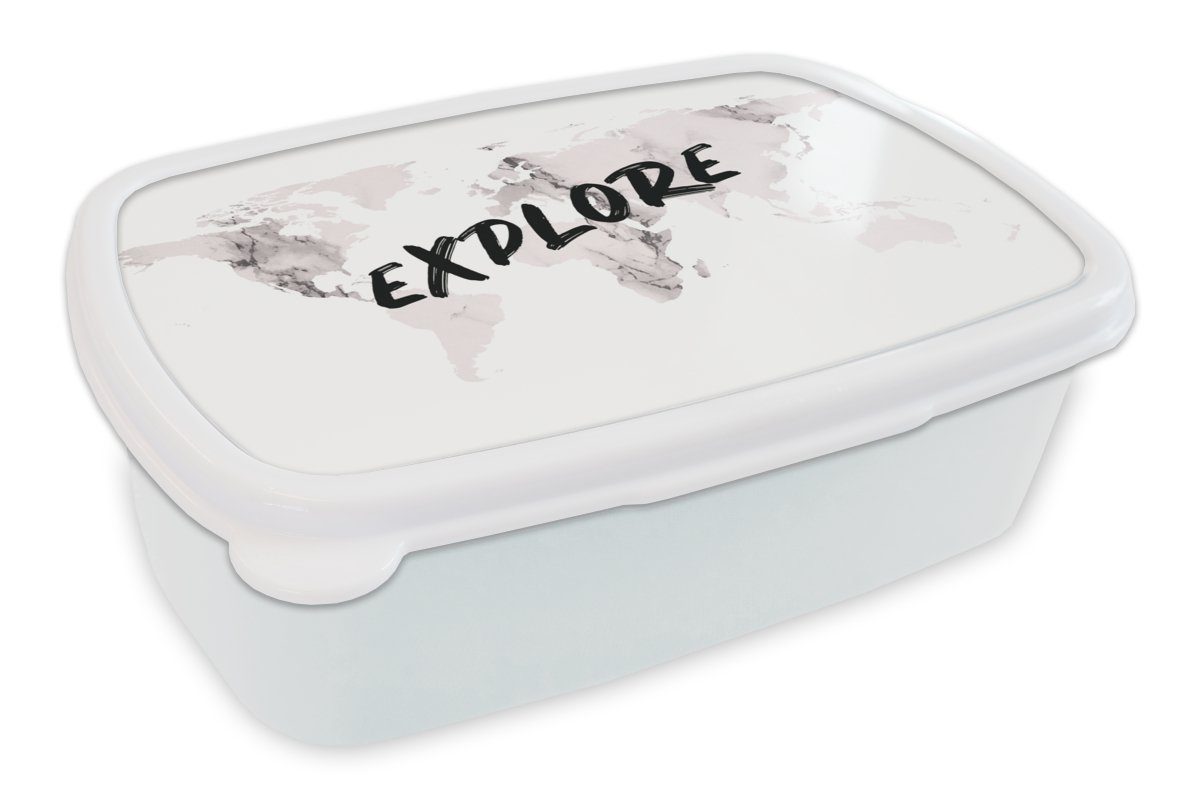 MuchoWow Lunchbox Weltkarte - Marmor - Zitat, Kunststoff, (2-tlg), Brotbox für Kinder und Erwachsene, Brotdose, für Jungs und Mädchen weiß