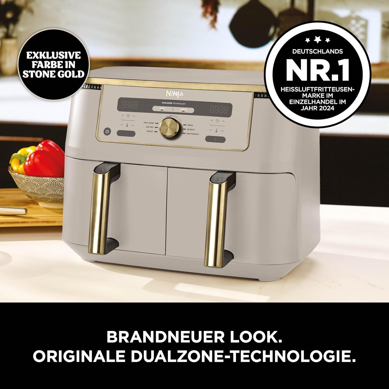 NINJA Heißluftfritteuse Dual Zone Digital Air Fryer DZ400EUSTGD Stone / Gold, Dual Zone Digital Air Fryer, 2 Schubladen 9,5L Stone/Gold DZ400EUSTGD