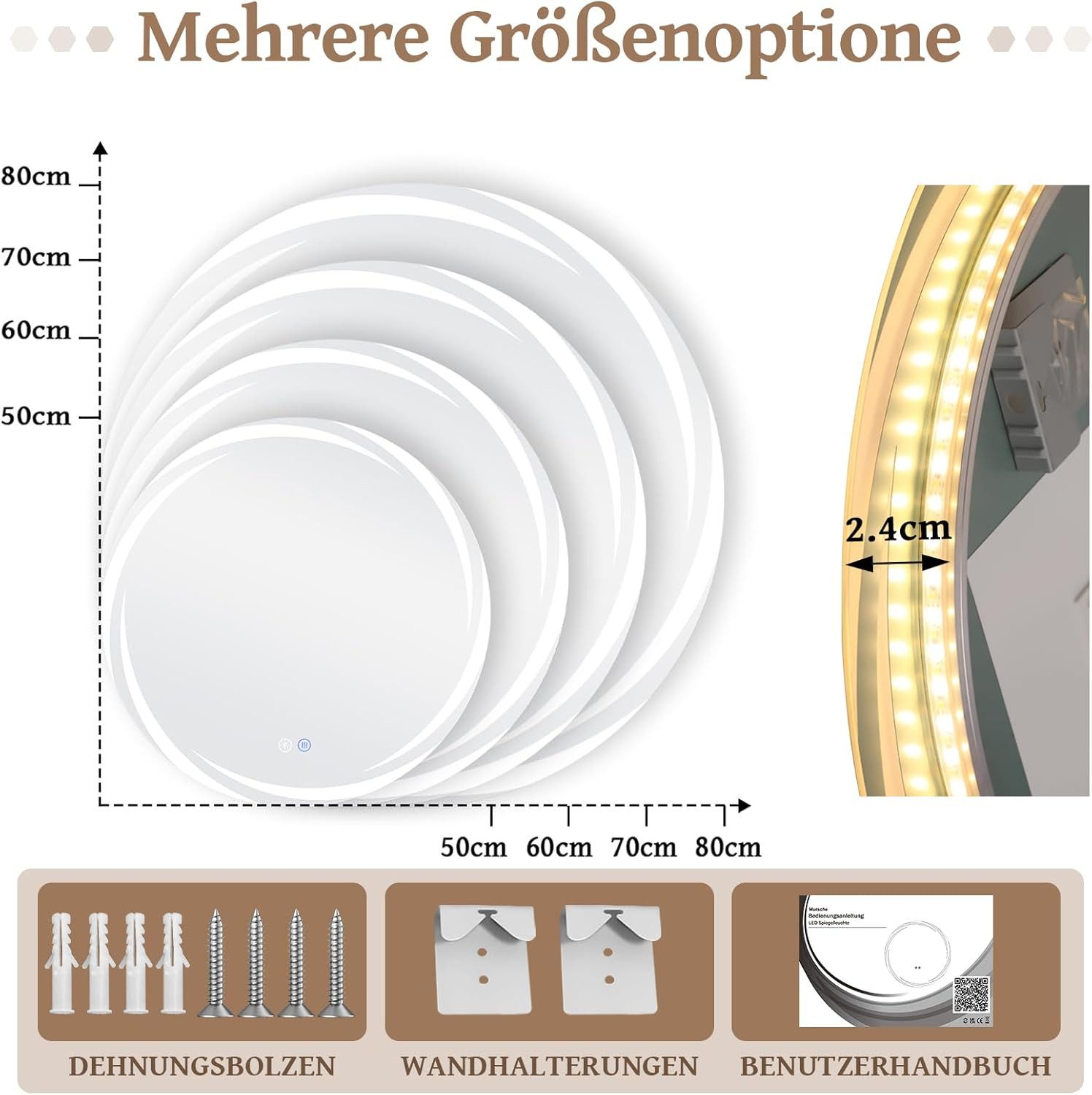 Nettlife Wandspiegel LED spiegel mit Beleuchtung Rund 50/60/70/80cm, zimmerspiegel mit Touch Schalter und Entfogger Funktion